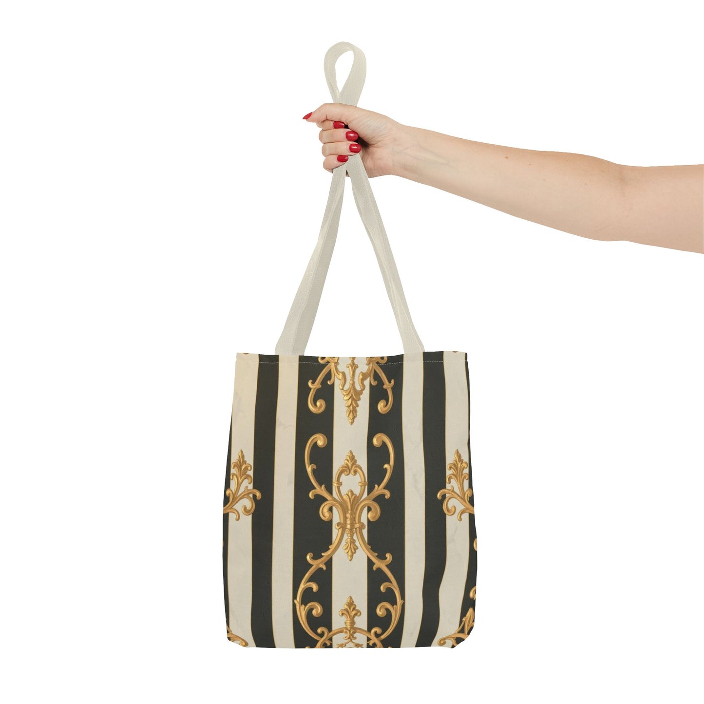 Elegant Black & Alabaster Striped Baroque Tote Bag, Stylish Shopping Bag, Fashion Accessory, Gift for Her, Reusable Bag, Perfect for Events