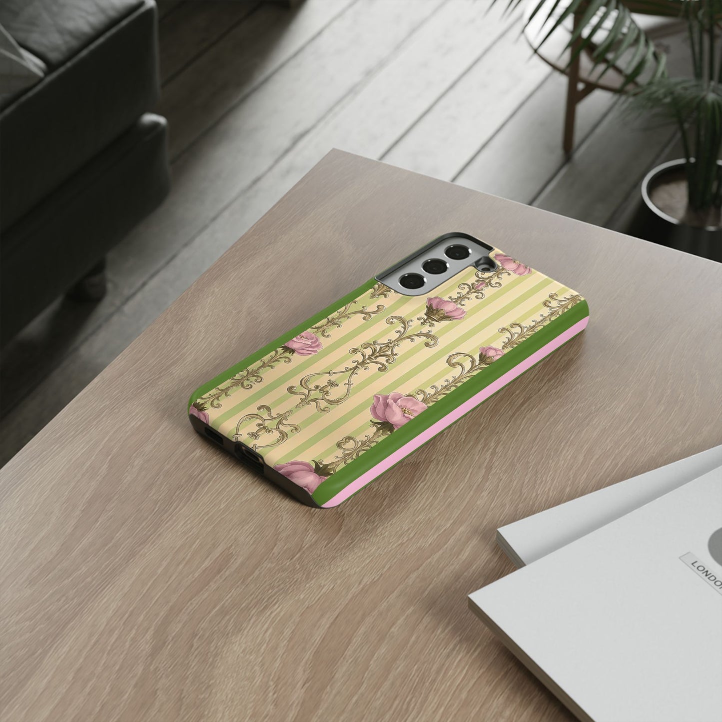 Elegant Floral Motif Phone Case - Tough Cases with Vintage Design - Lime Green & Pink Striped Damask