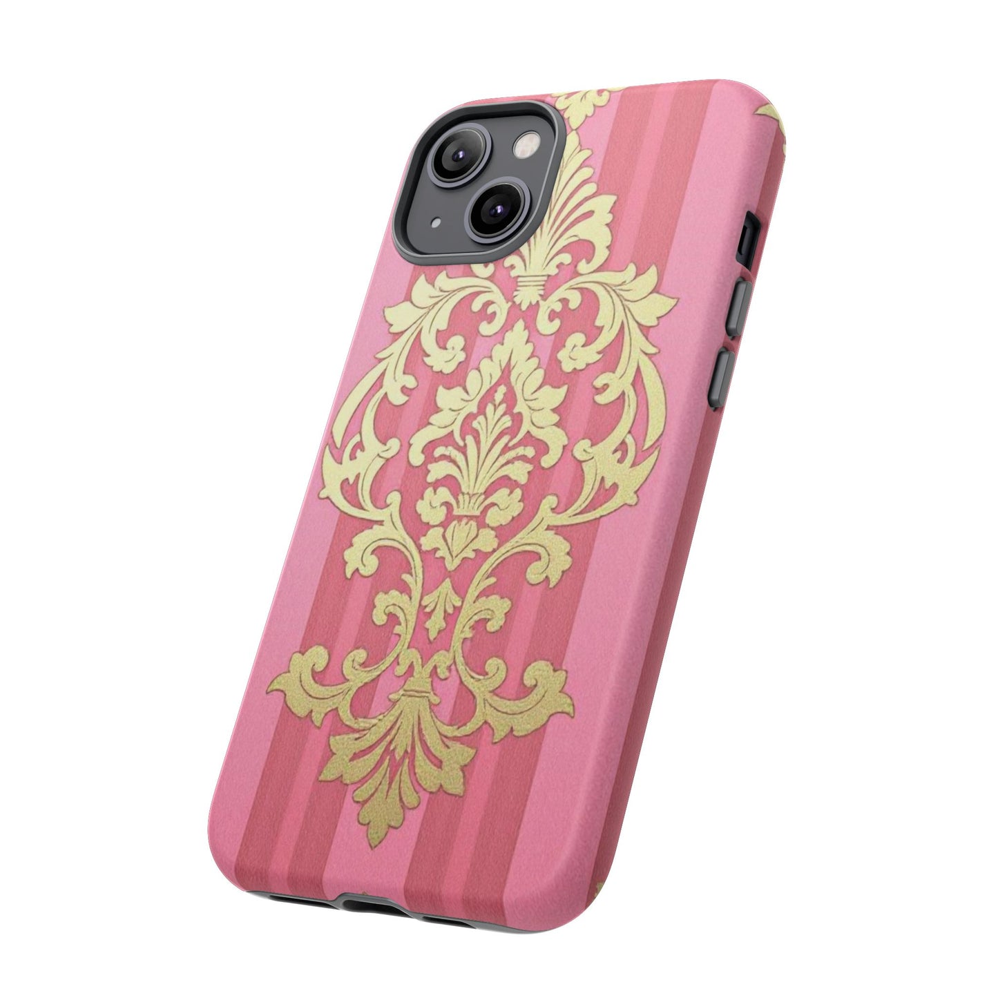 Elegant Floral Motif Phone Case - Tough Cases with Vintage Design - Pink Striped Damask
