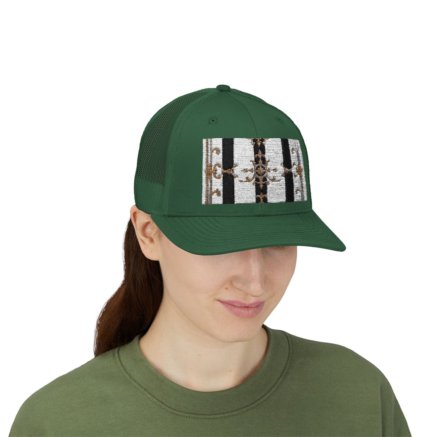Trendy Snapback Trucker Cap, Casual Fashion Hat, Summer Accessory, Gift Idea for Cool Teens, Outdoor Activities - Black & White Striped Gold Baroque