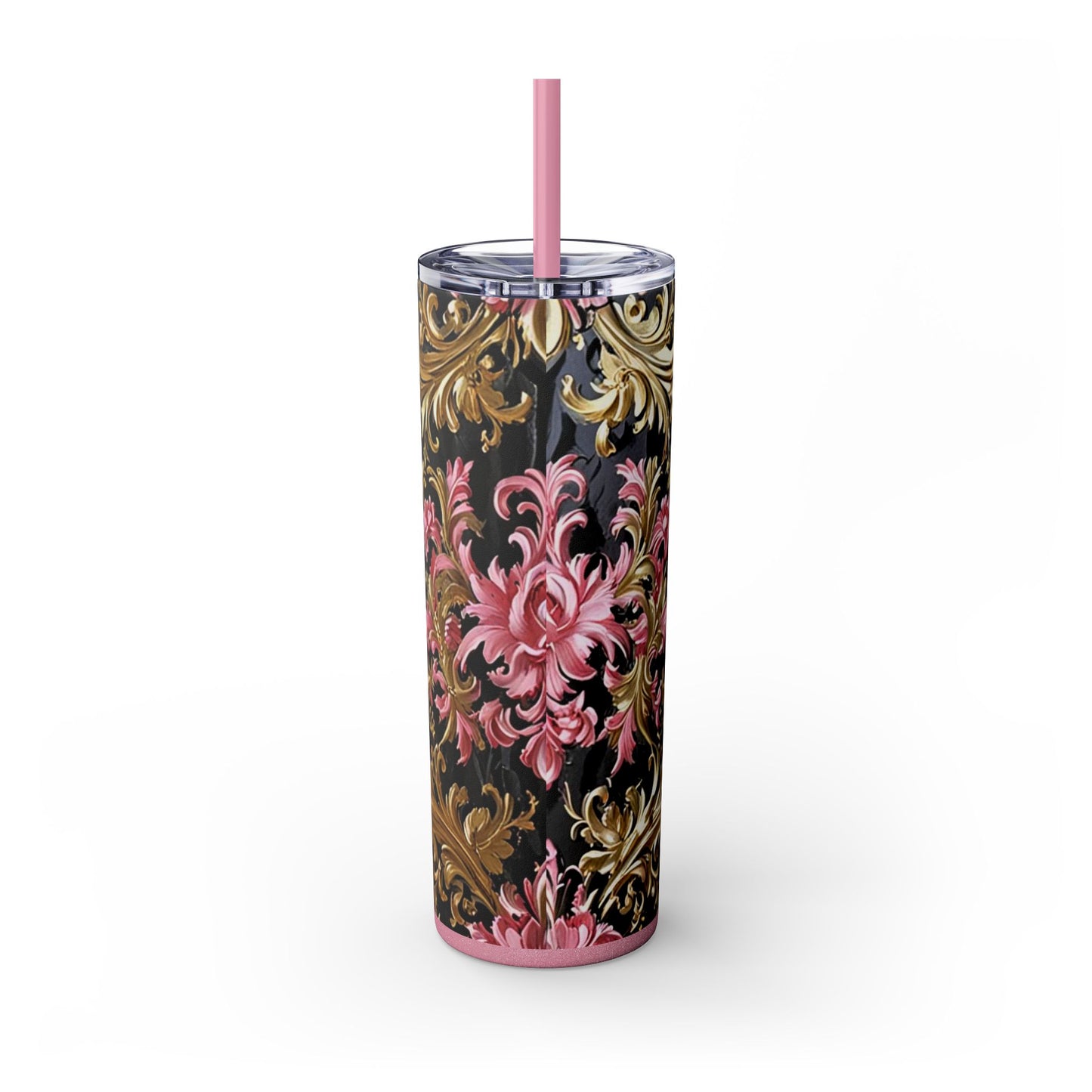 Chic Floral Skinny Tumbler with Straw, 20oz - Elegant Drinkware for Tea Lovers, Travel Mugs, Gifts for Her - Black & Pink Oil Painting Style Rococo