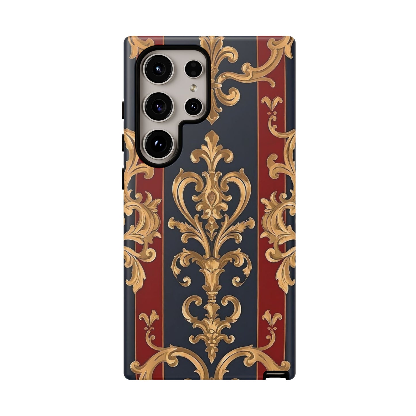 Elegant Floral Motif Phone Case - Tough Cases with Vintage Design - Midnight Blue & Dusk Red Striped Gold Damask