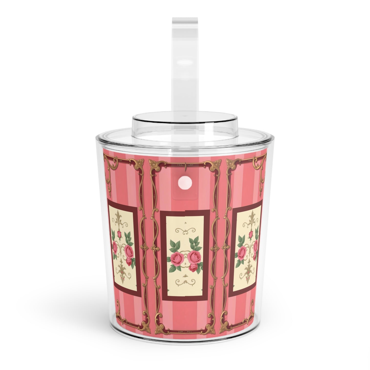 Elegant Floral Ice Bucket with Tongs for Parties and Celebrations - Pink Striped Baroque & Roses