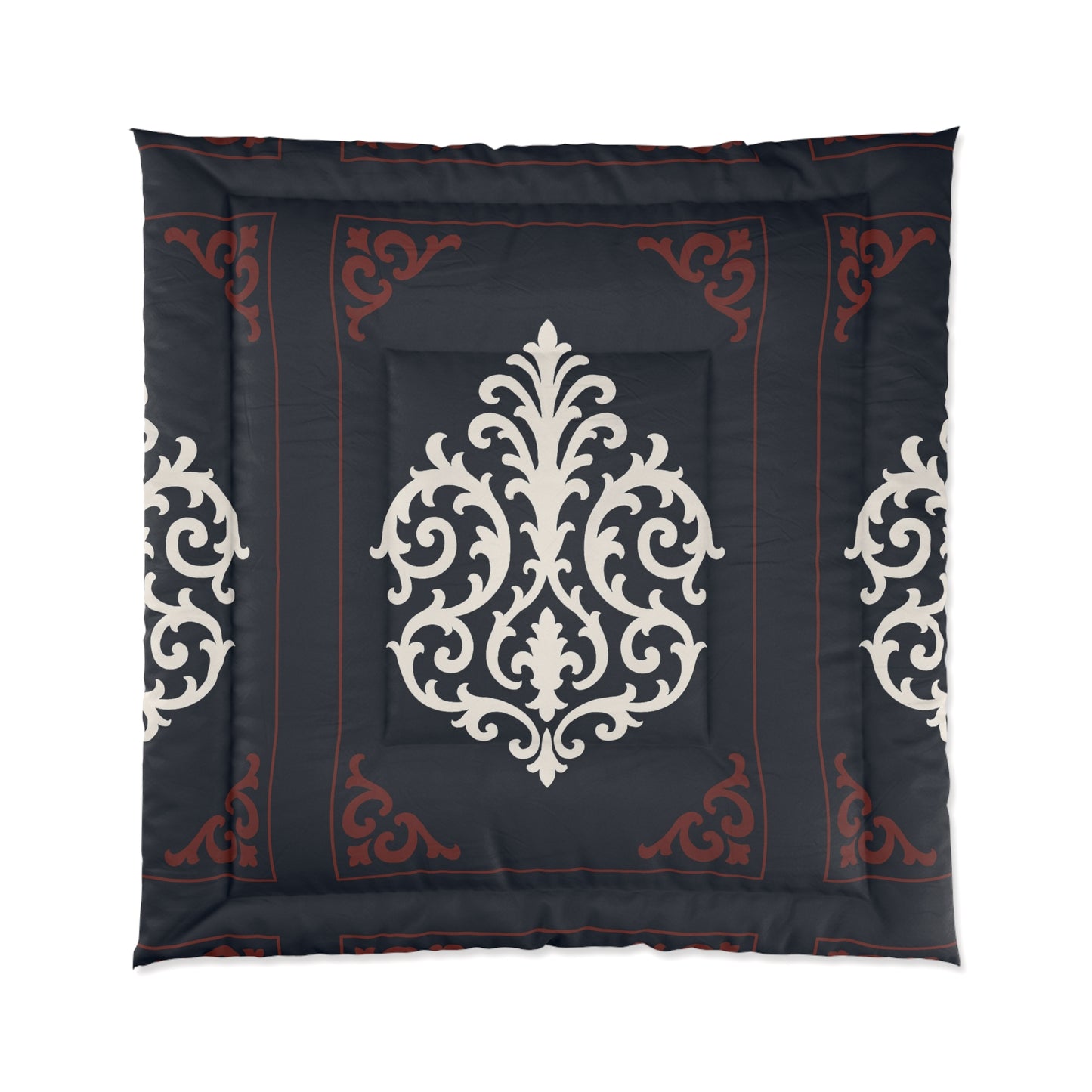 Dusk Blue-Maroon & White Baroque Comforter — Dusk Blue & White Decorative Bedding
