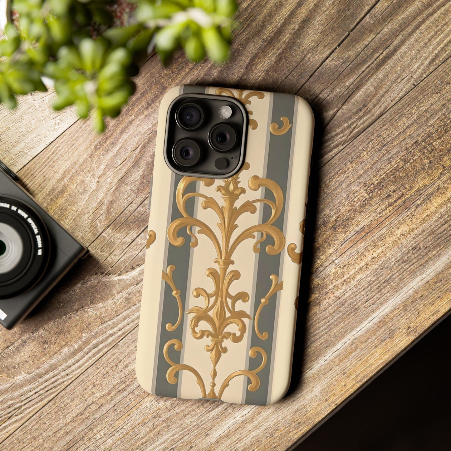 Elegant Floral Motif Phone Case - Tough Cases with Vintage Design - Dusk Olive Striped Gold Damask