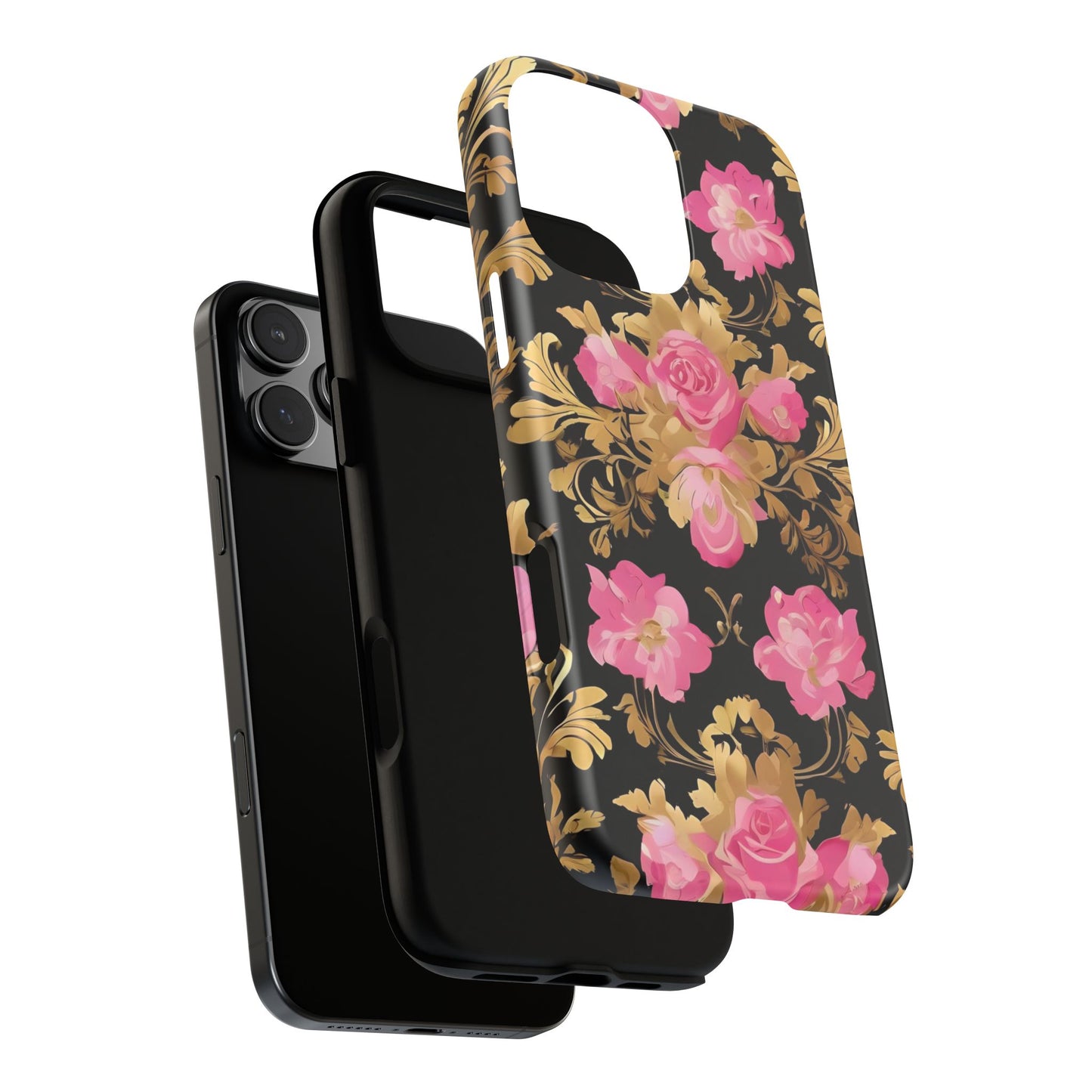Elegant Floral Motif Phone Case - Tough Cases with Vintage Design - Pink & Gold Roses