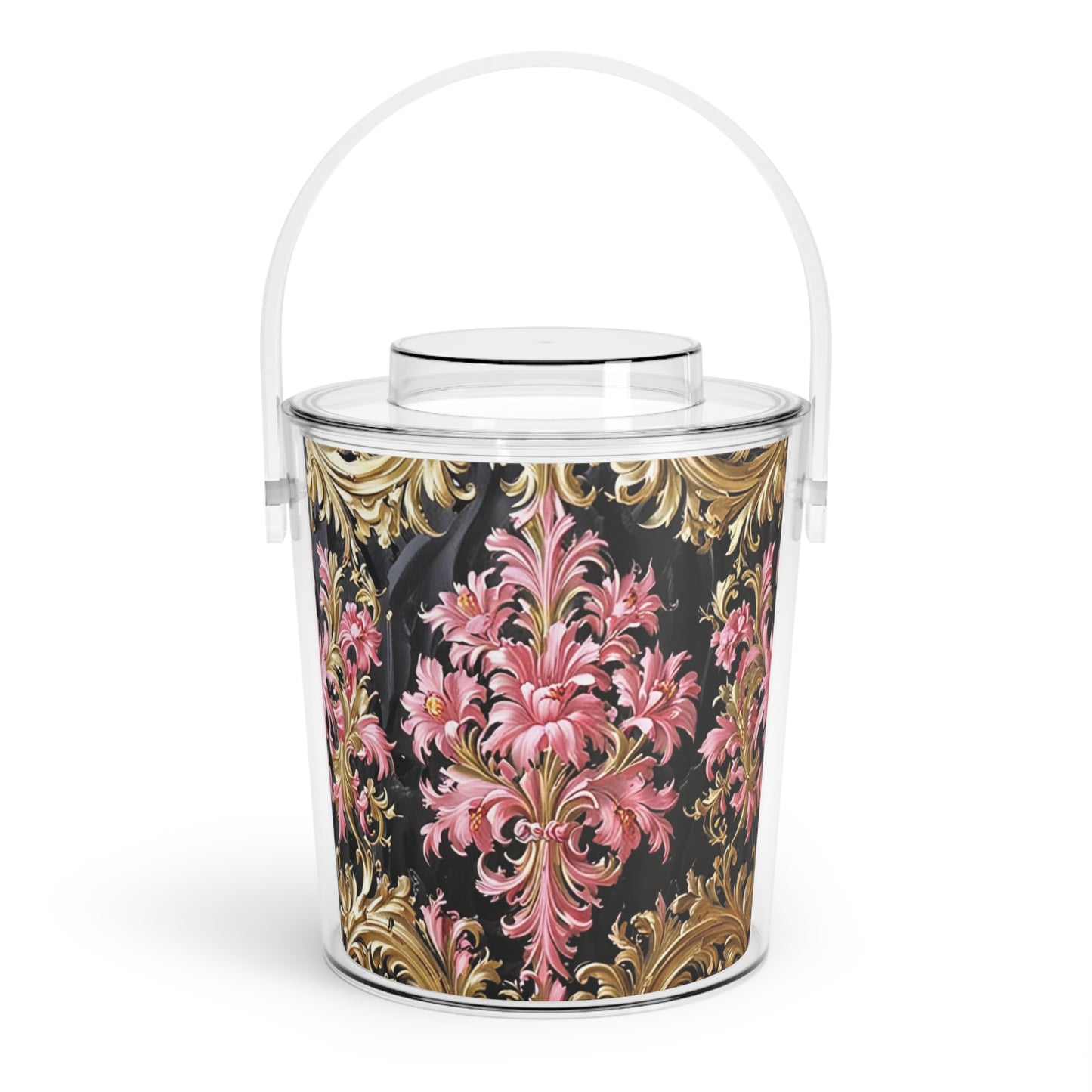 Elegant Floral Ice Bucket with Tongs, Party Accessories, Home Bar Decor, Wine Cooler, Wedding Gift - Black & Pink Oil Painting Style Rococo