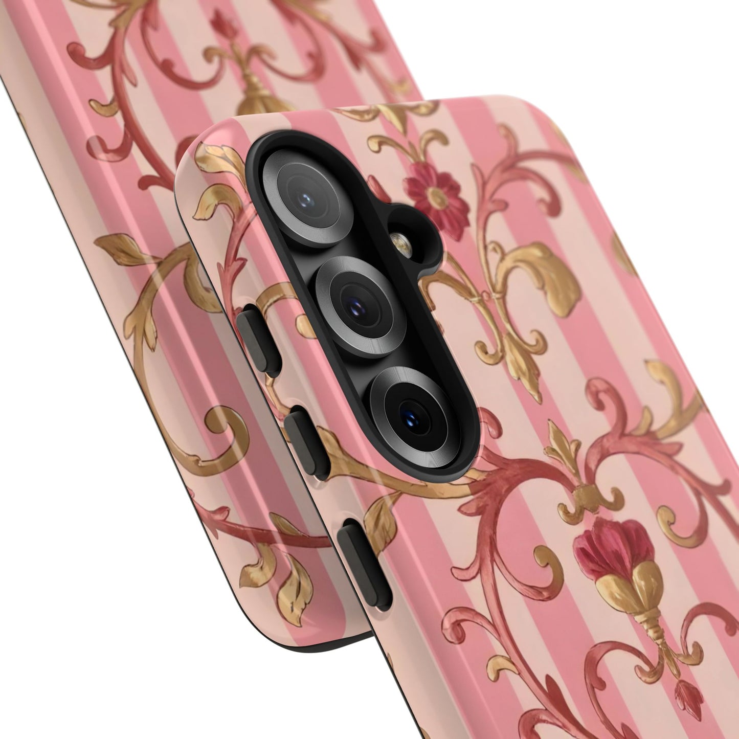 Elegant Floral Motif Phone Case - Tough Cases with Vintage Design - Pink Striped Rose Gold Damask