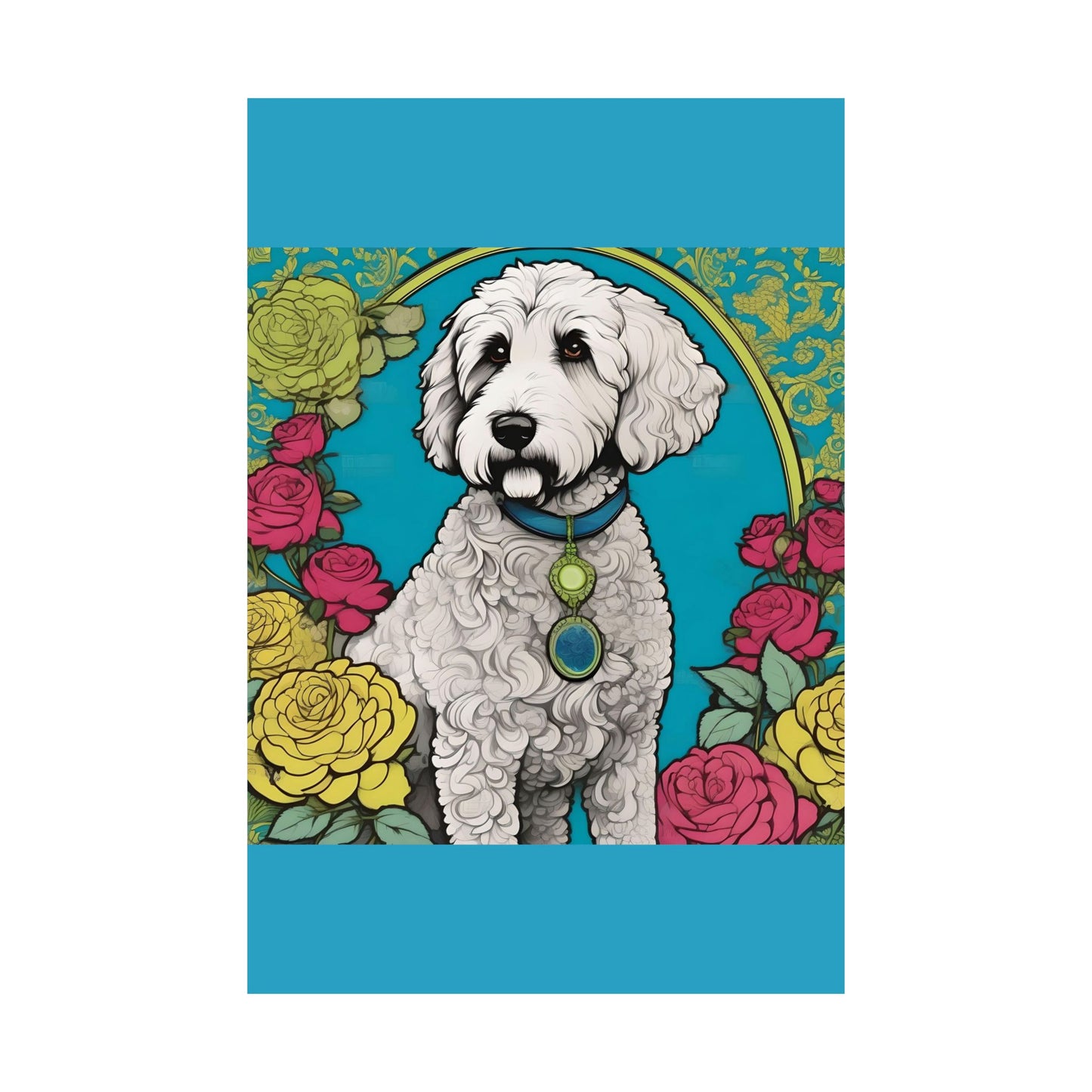 Floral Motif Art Poster - Elegant Matte Vertical Wall Decor - Golden Doodle In Turquoise & Roses