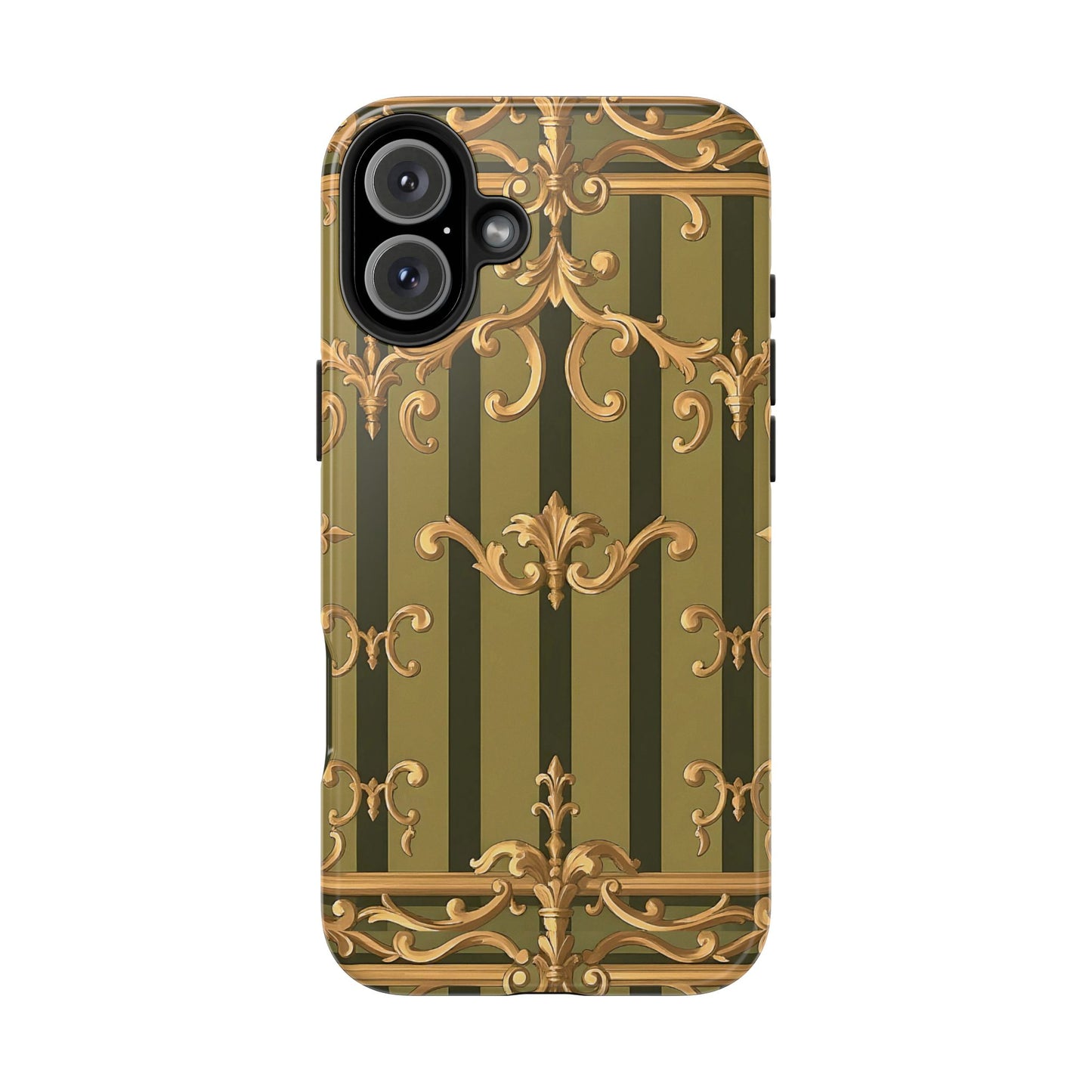 Elegant Vintage Phone Case - Tough Protection with Classy Design, Stylish Phone Cover for Fashion Lovers - Olive Green Striped Rococo
