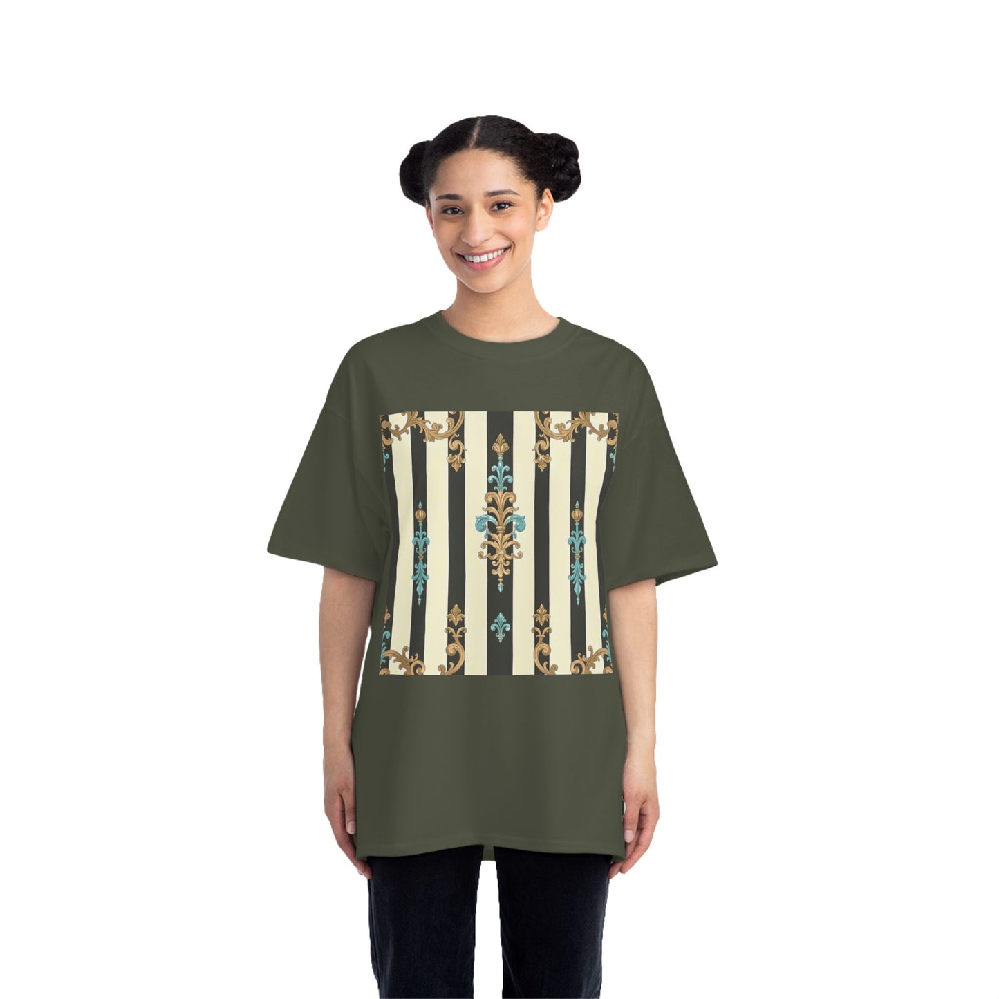 Elegant Floral Pattern Tee, Vintage Style T-Shirt, Gift for Her, Casual Outfit - Black Striped Turquoise & Black Rococo
