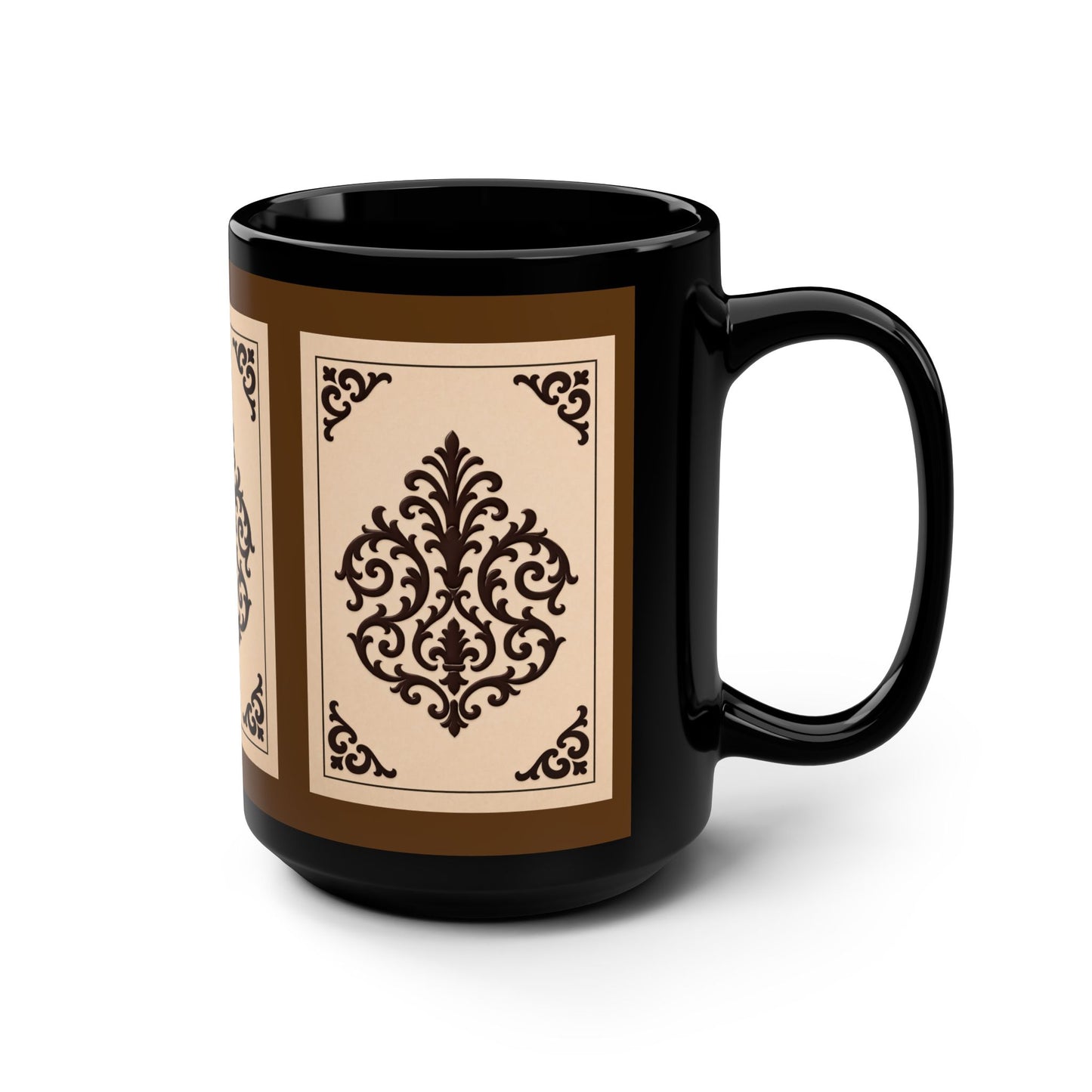 Almond-Beige & Brown Baroque Black Ceramic Mug — 15oz Vintage Brown Pattern Coffee Cup - Black