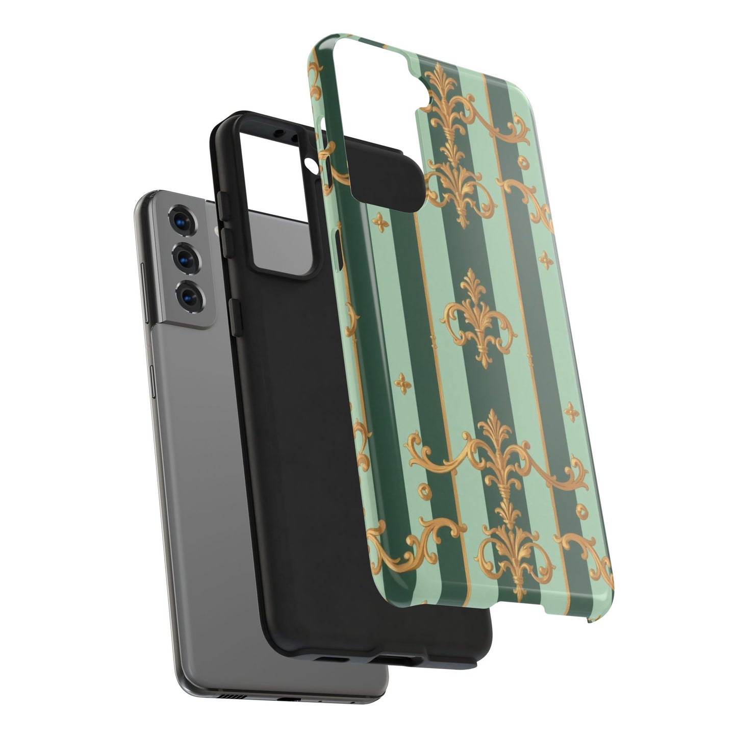 Elegant Floral Tough Phone Cases | Stylish Phone Protection, Gift for Her, Trendy Accessory, Unique Decor - Mint Green & Teal Striped Gold Baroque