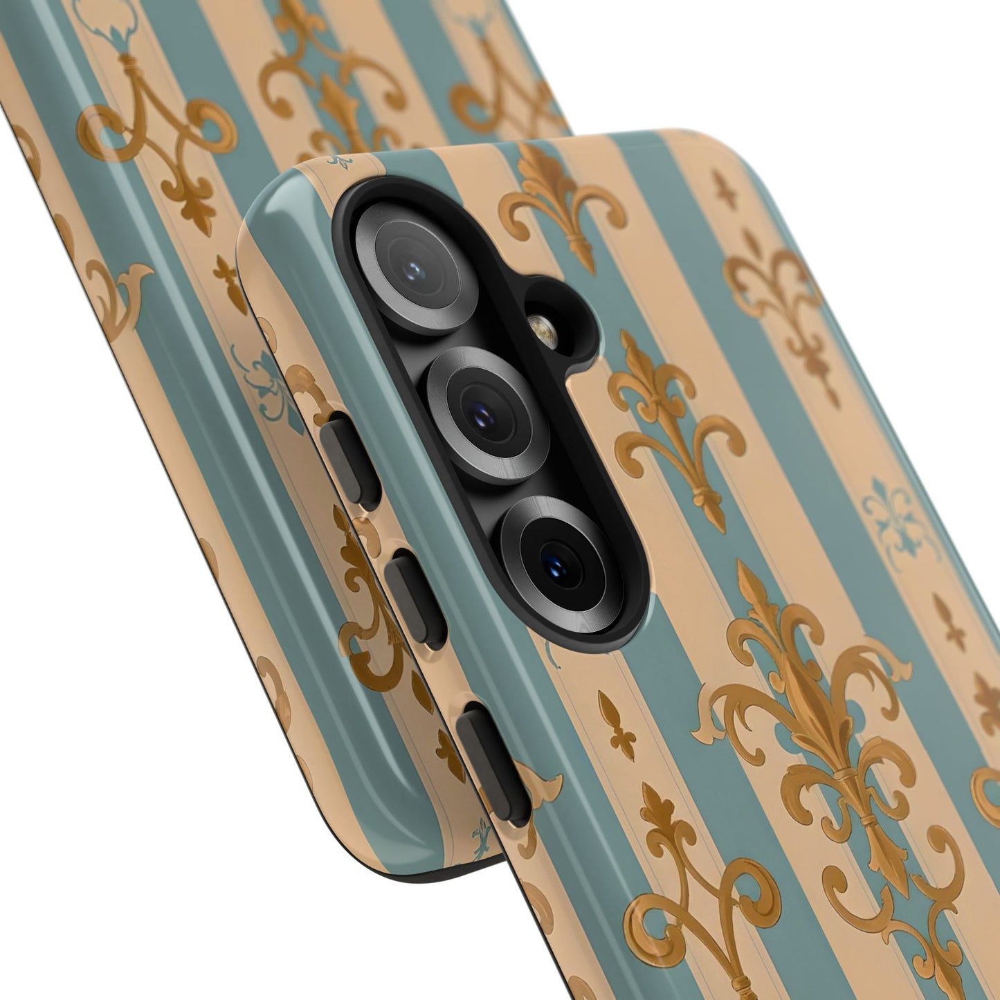 Elegant Floral Motif Phone Case - Tough Cases with Vintage Design -  Beige & Sky Blue Striped Gold Damask