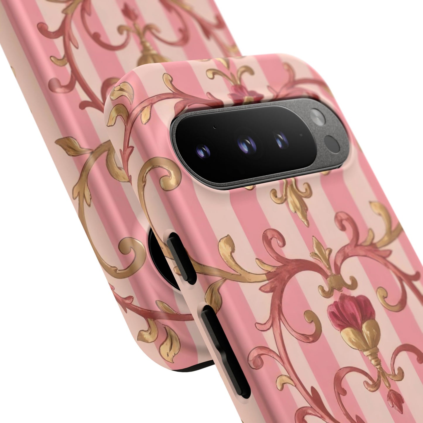 Elegant Floral Motif Phone Case - Tough Cases with Vintage Design - Pink Striped Rose Gold Damask