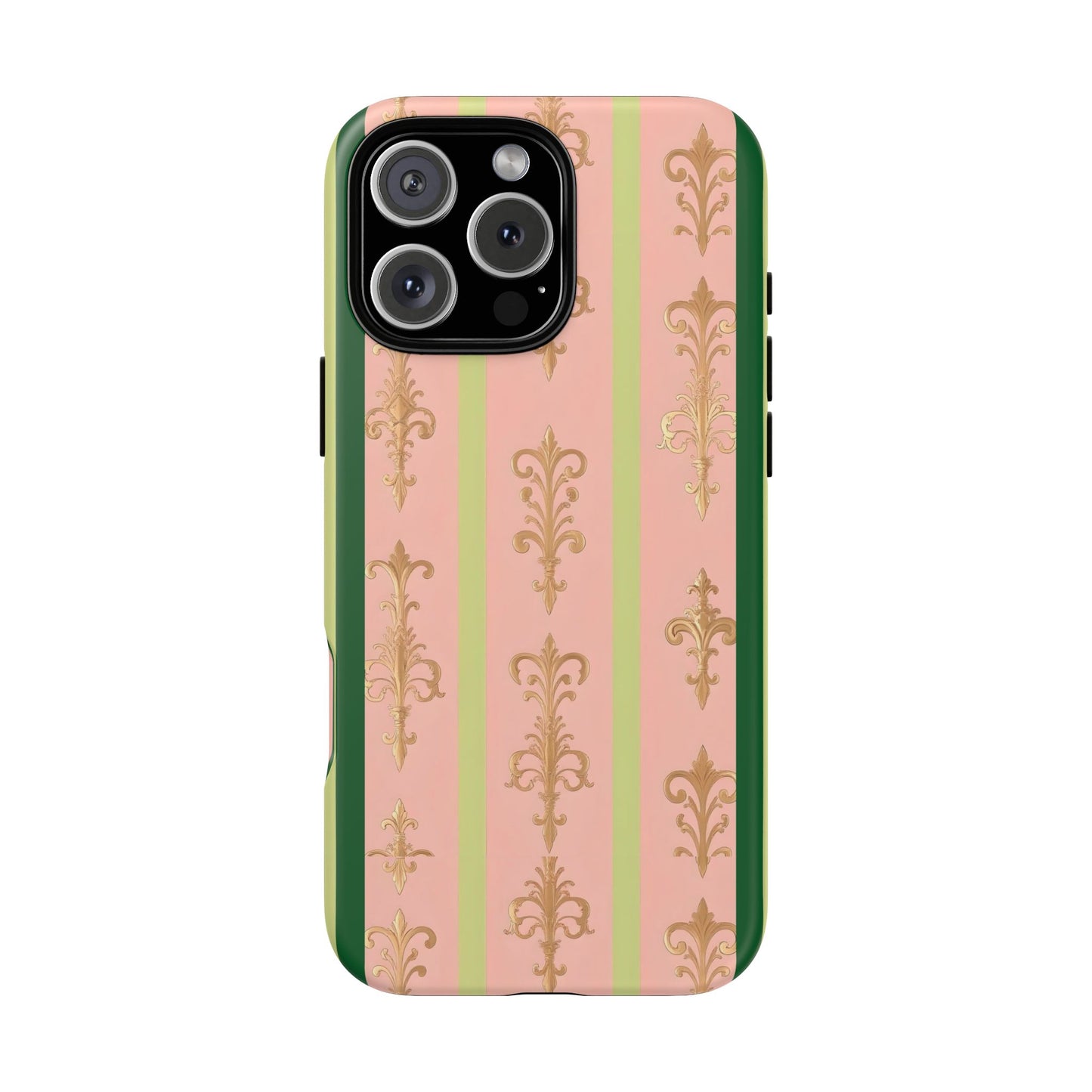 Elegant Floral Motif Phone Case - Tough Cases with Vintage Design - Lime Green & Pink Striped Damask
