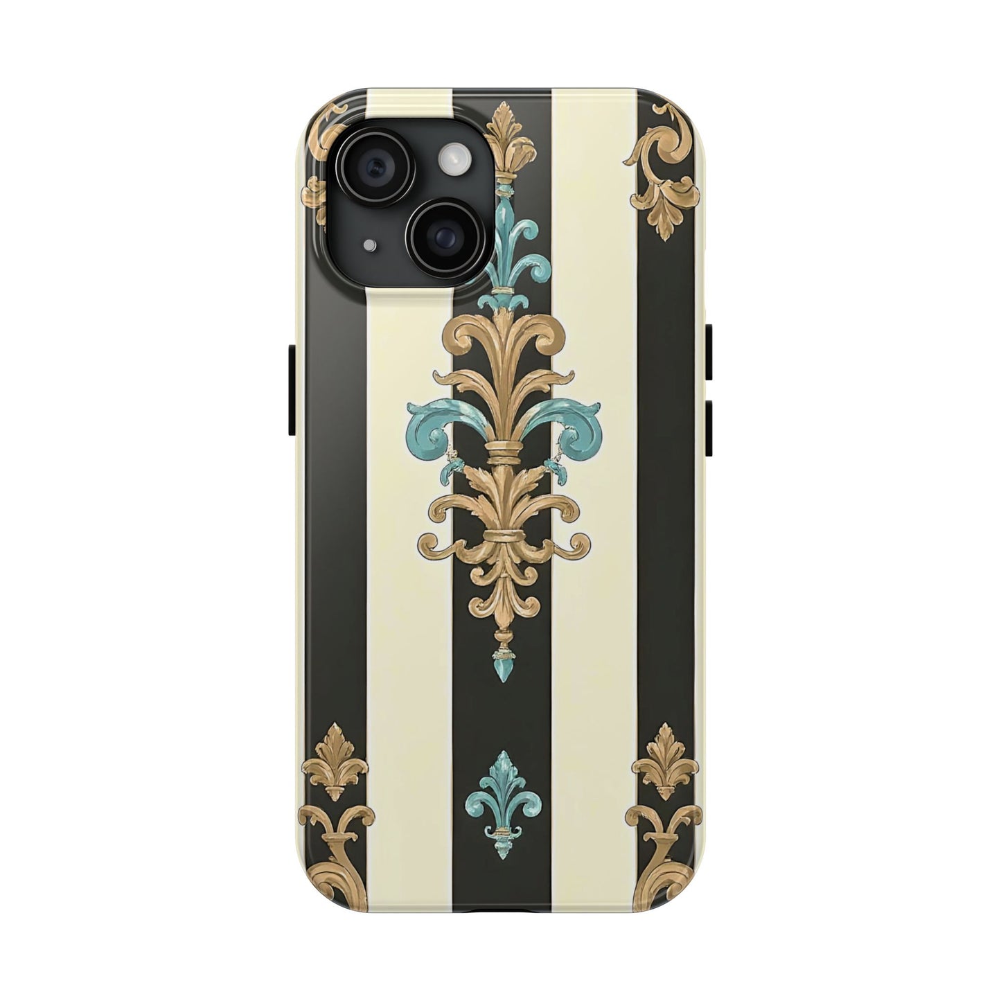 Elegant Vintage Tough Phone Cases, Stylish Phone Accessories, Quality Protection, Gifts for Her - Black Striped Turquoise & Black Rococo