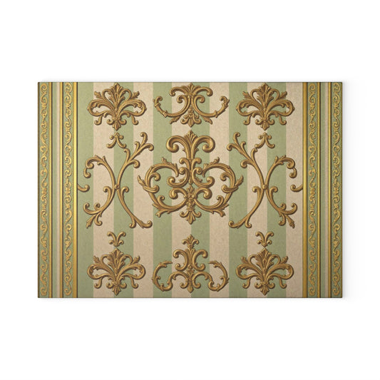 Elegant Vintage Glass Cutting Board, Kitchen Decor, Gift for Home Cooks, Wedding Registry - Mint Green & Beige Striped Gold Baroque