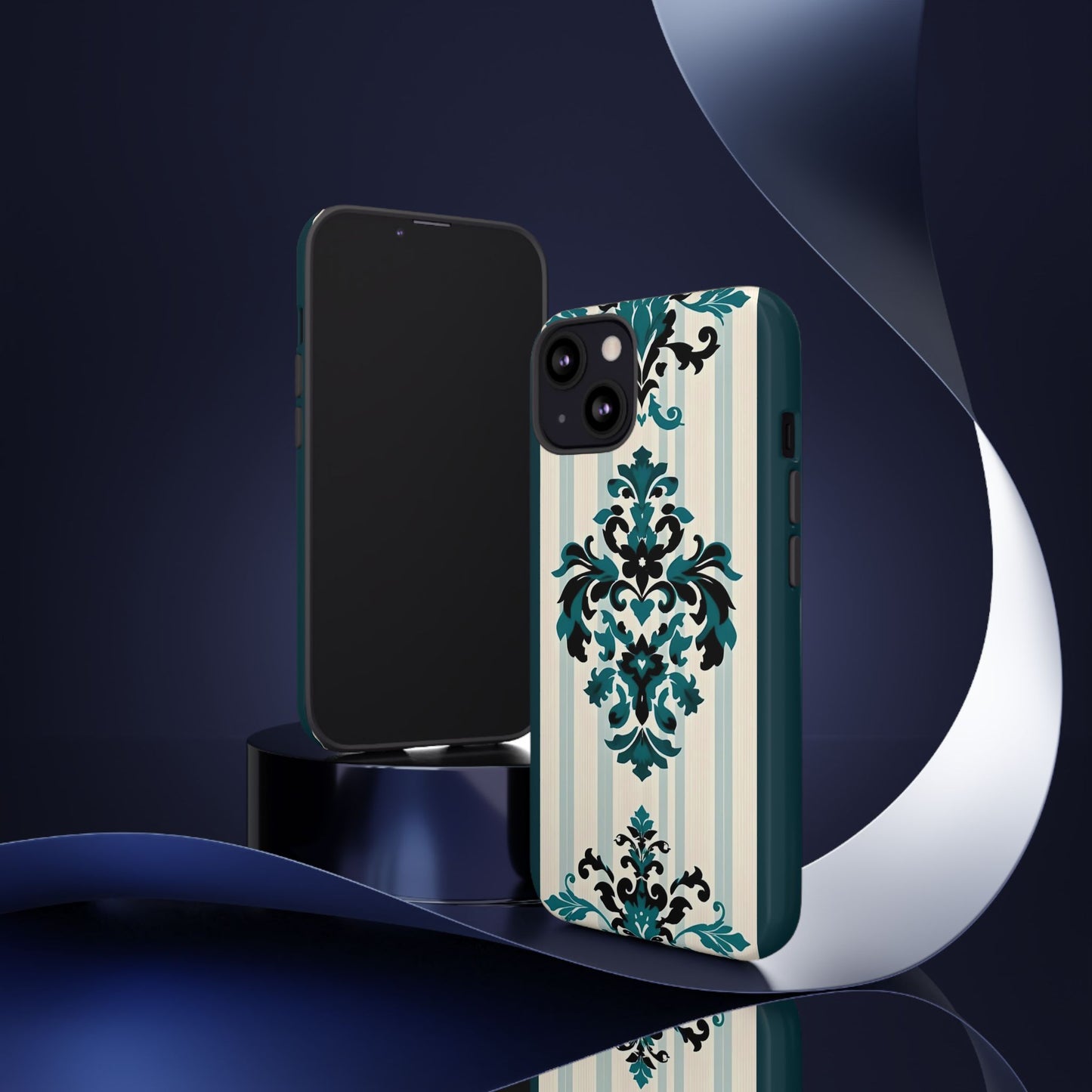 Elegant Floral Phone Case - Tough Cases with Vintage Design - Teal Striped Damask