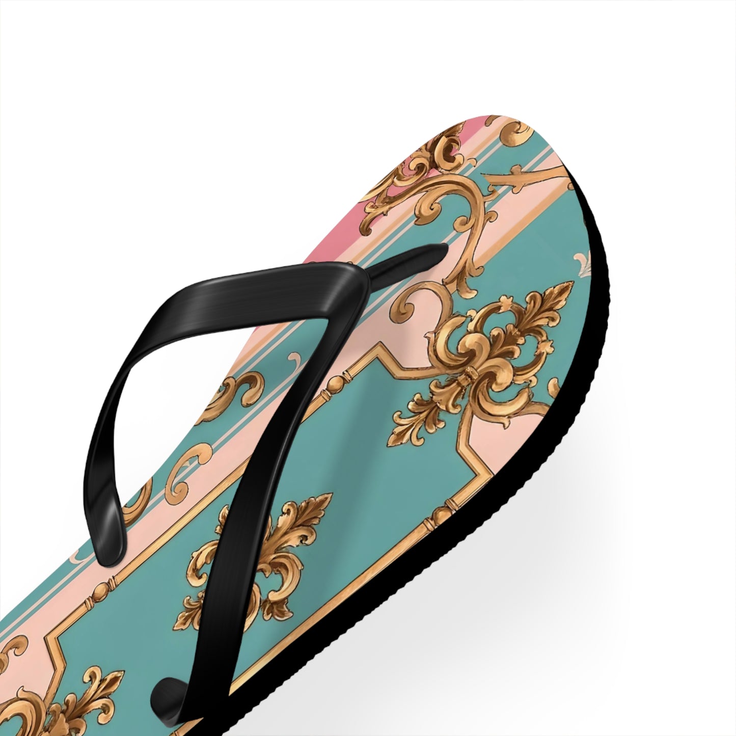Stylish Flip Flops: Vintage Elegance for Summer Fun, Beachwear, Poolside, Vacation Essentials, Gift for Her - Pink & Matte Turquoise Striped Rococo