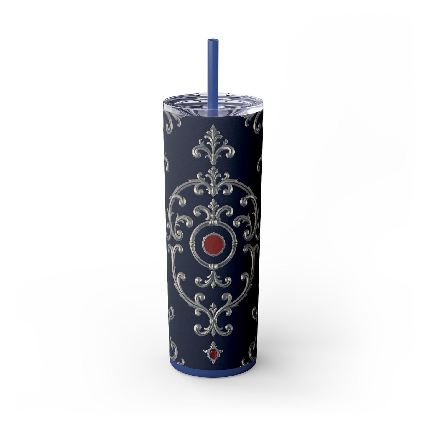 Elegant Patterned Skinny Tumbler with Straw, 20oz - Stylish Travel Mug, Personalized Gift, Wedding Favor - Blue & Red Striped Silver Baroque