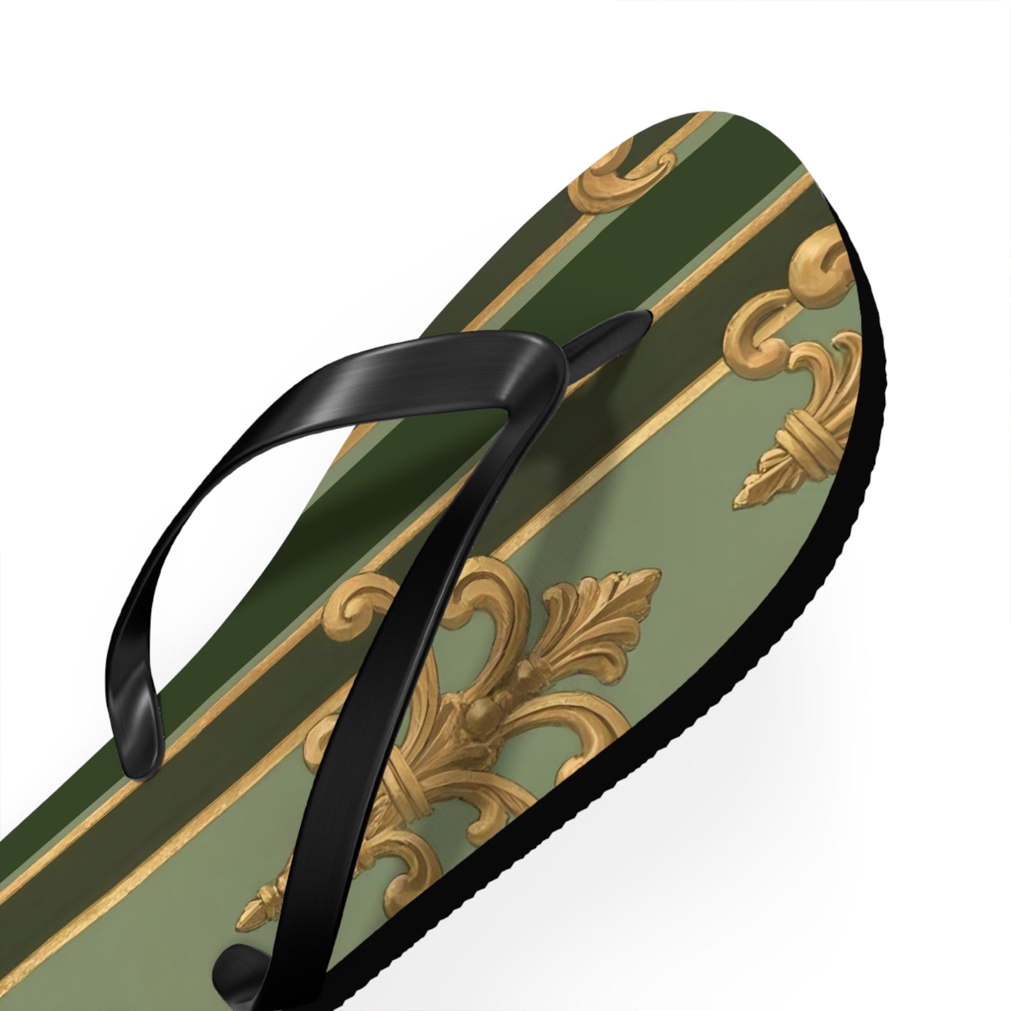 Elegant Vintage Flip Flops for Summer, Casual Sandals, Beachwear, Vacation Footwear, Summer Parties - Green Striped Gold Baroque