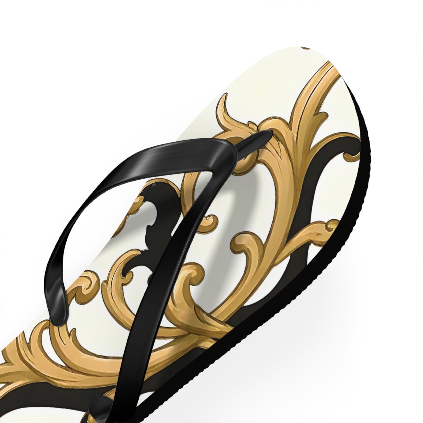 Elegant Floral Flip Flops, Beach Sandals, Summer Casual Footwear, Vacation Essentials, Poolside Accessories, Gift for Her - Black & Gold Rococo