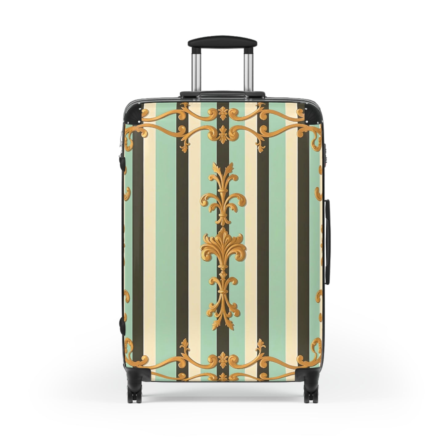 Elegant Striped Suitcase, Stylish Travel Luggage, Unique Carry-On, Trendy Vacation Bag - Black & Matte Mint Striped Rococo