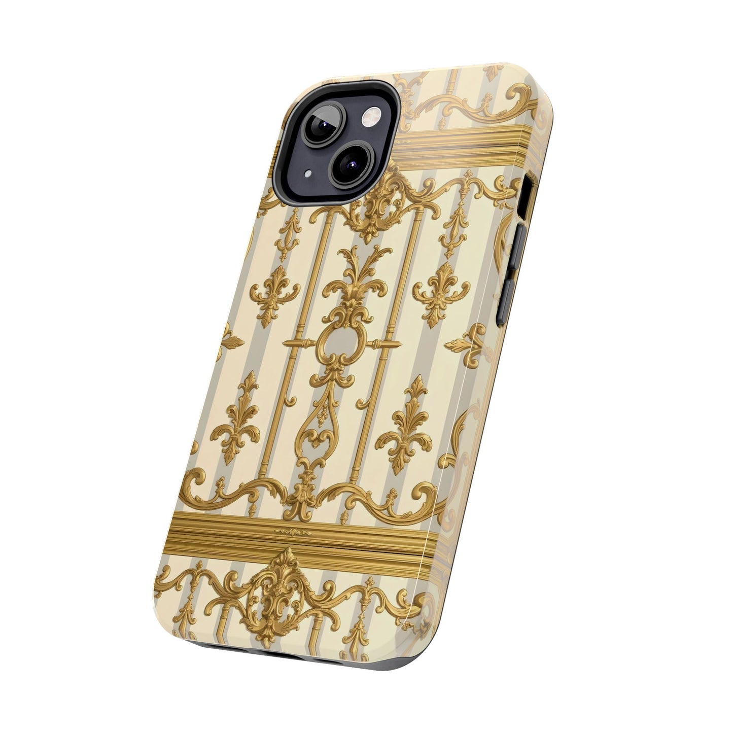 Elegant Gold Pattern Tough Phone Cases | Stylish Phone Covers, Trendy Cell Phone Accessories - Matte Gray & Cream Striped Gold Baroque