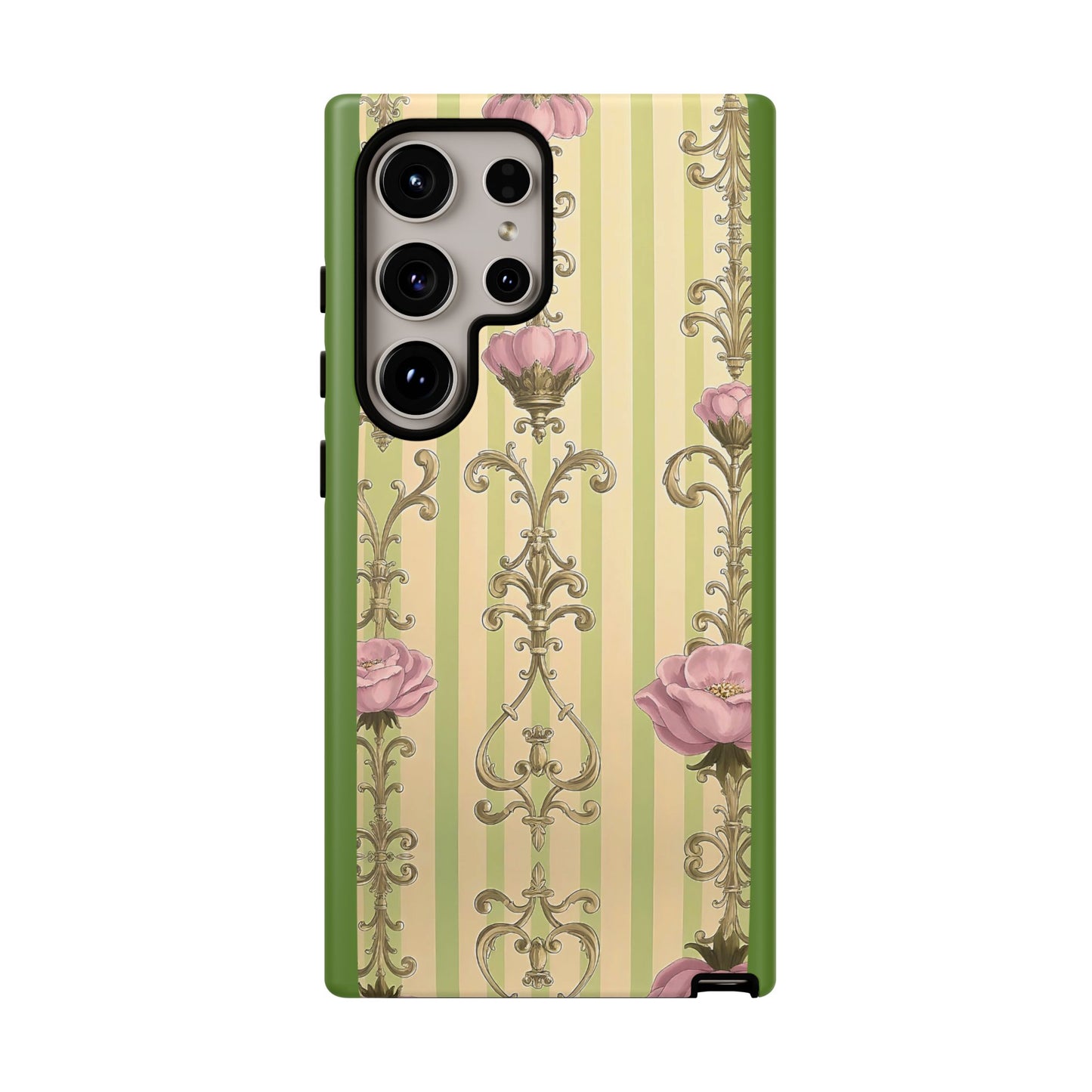 Elegant Floral Motif Phone Case - Tough Cases with Vintage Design - Lime Green & Pink Striped Damask