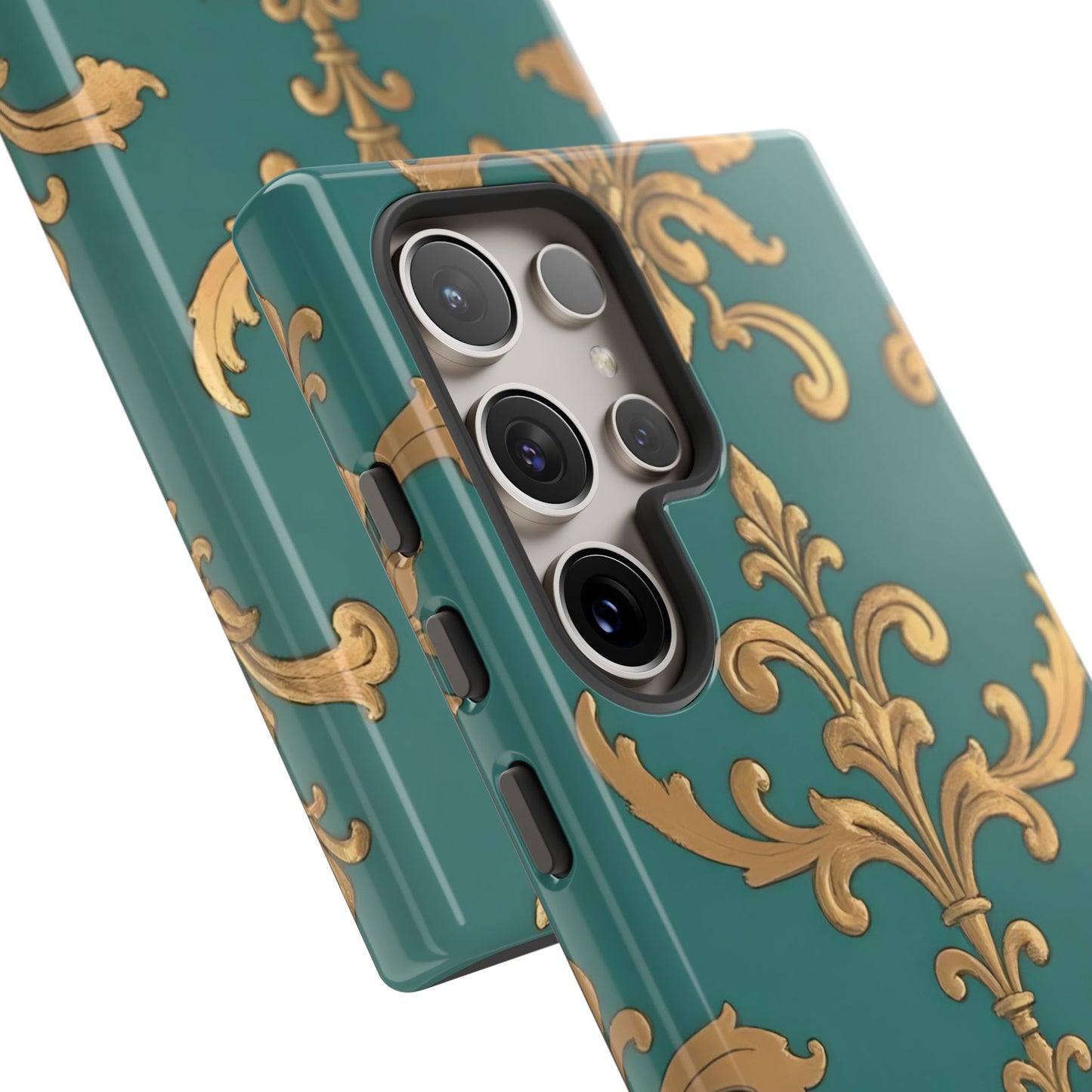 Elegant Floral Motif Phone Case - Tough Cases with Vintage Design - Aqua & Gold Damask