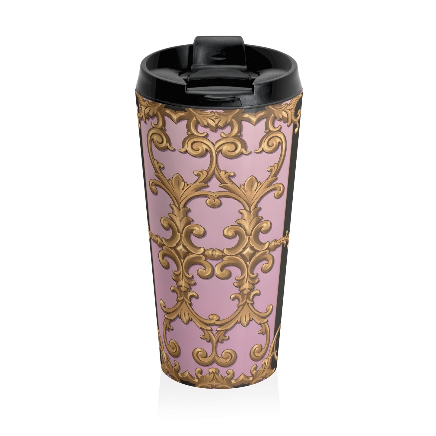 Elegant Ornate Stainless Steel Travel Mug - Perfect for Coffee Lovers, Gifts, Travel Enthusiasts - Matte Lavender & Black Striped Gold Baroque