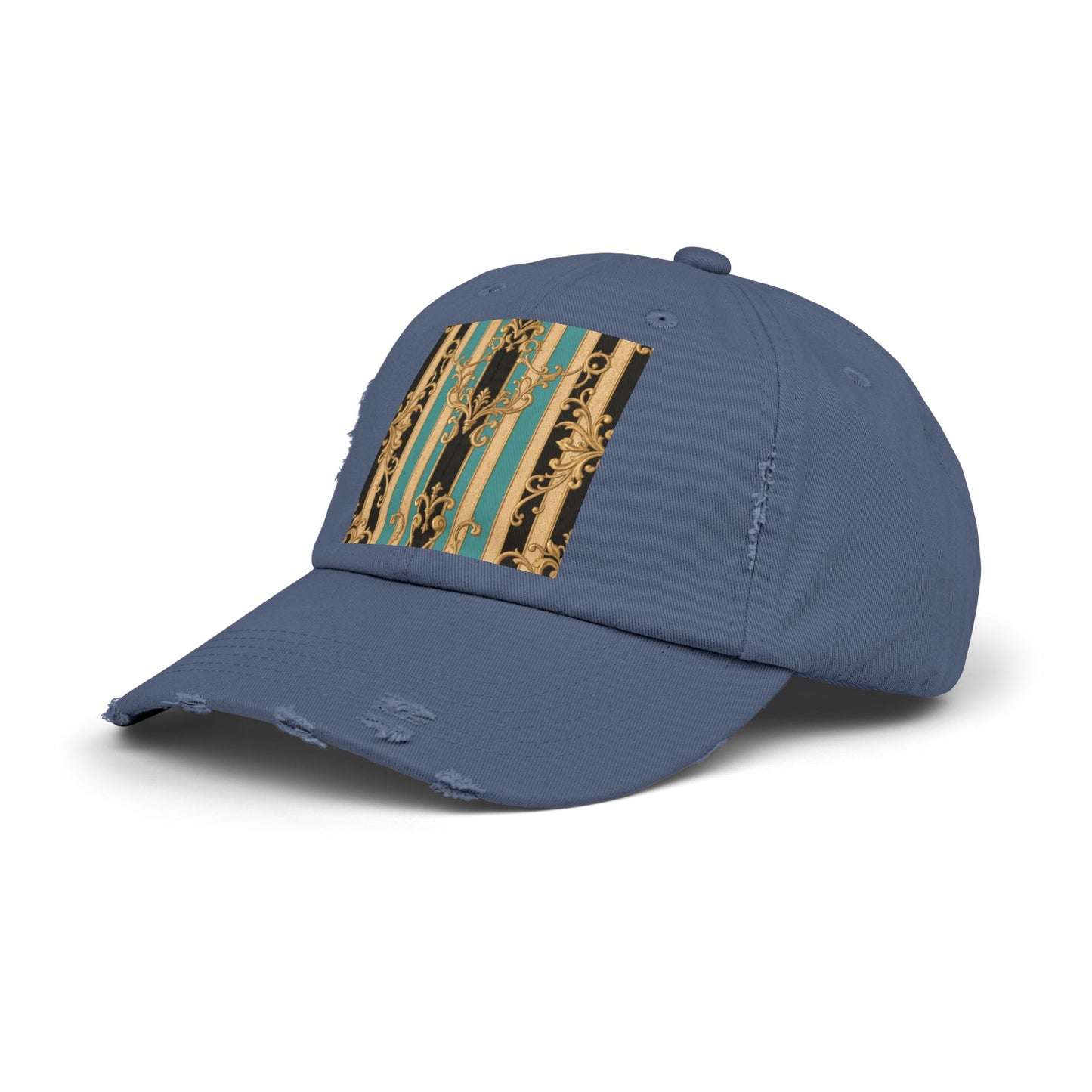 Distressed Black, Tan & Ocean Green Striped Gold Baroque Cap with Elegant Stripe Design | Vintage-Inspired Accessories, Unisex Casual Hat