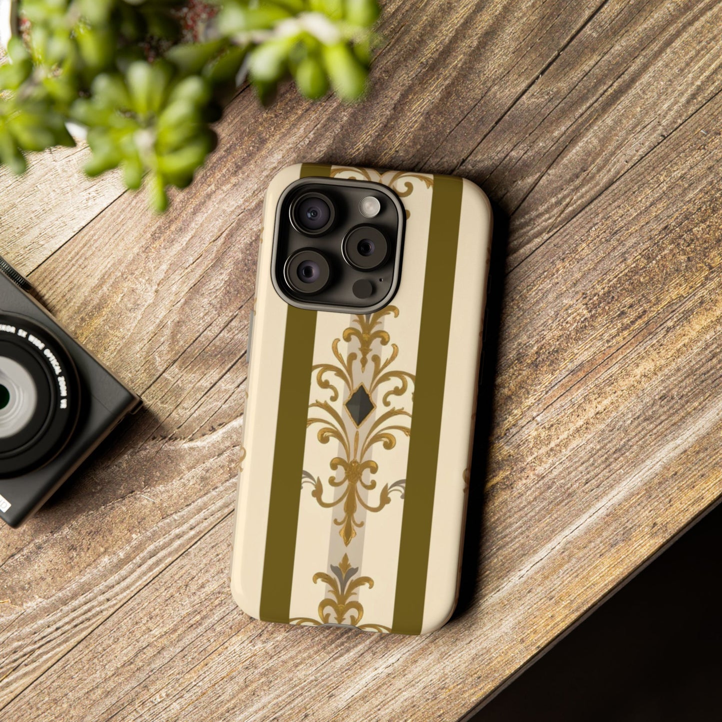 Elegant Floral Motif Phone Case - Tough Cases with Vintage Design - Olive Striped Gold Damask