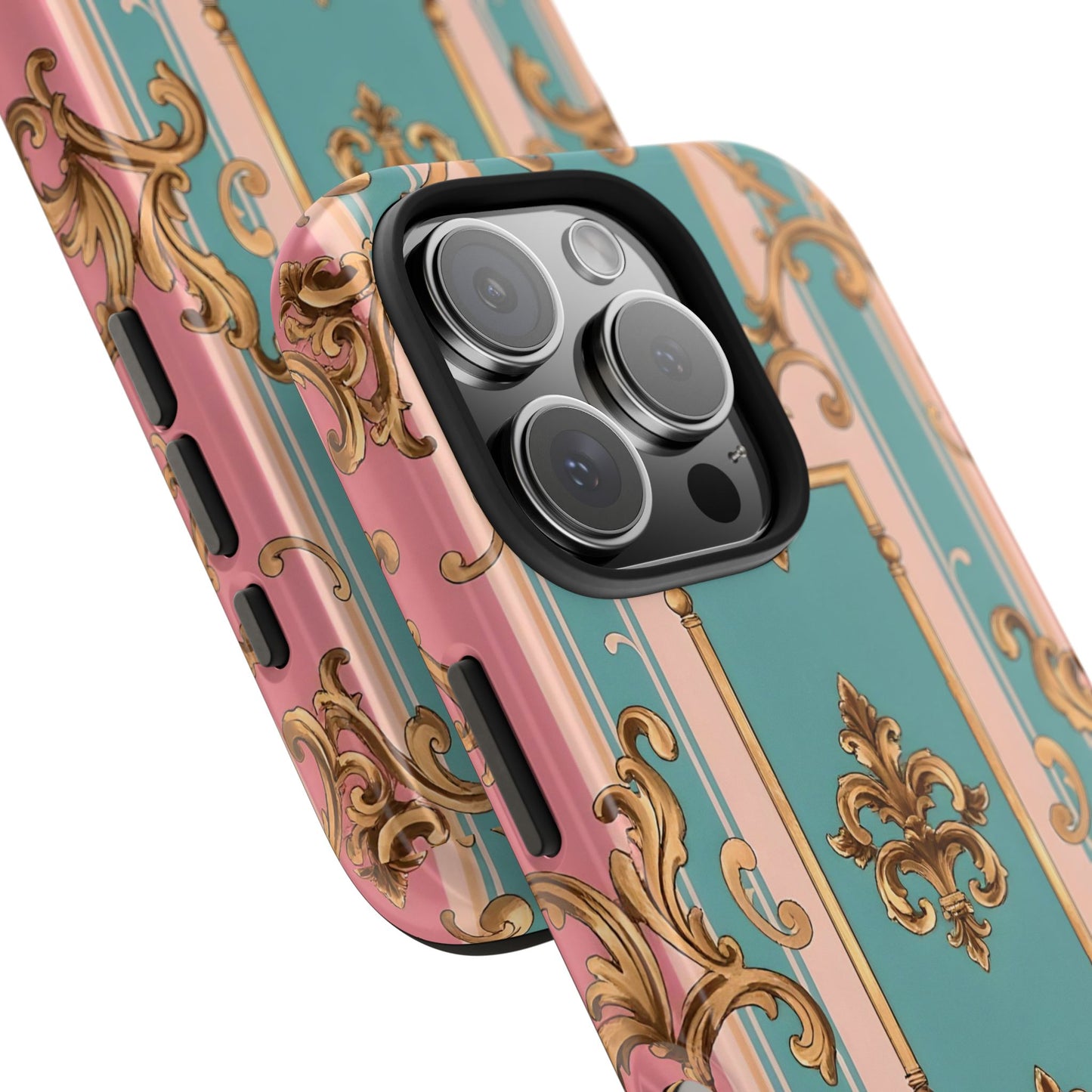 Elegant Floral Tough Phone Case, Artistic Phone Cover, Gift for Her, Chic Phone Accessory - Pink & Matte Turquoise Striped Rococo