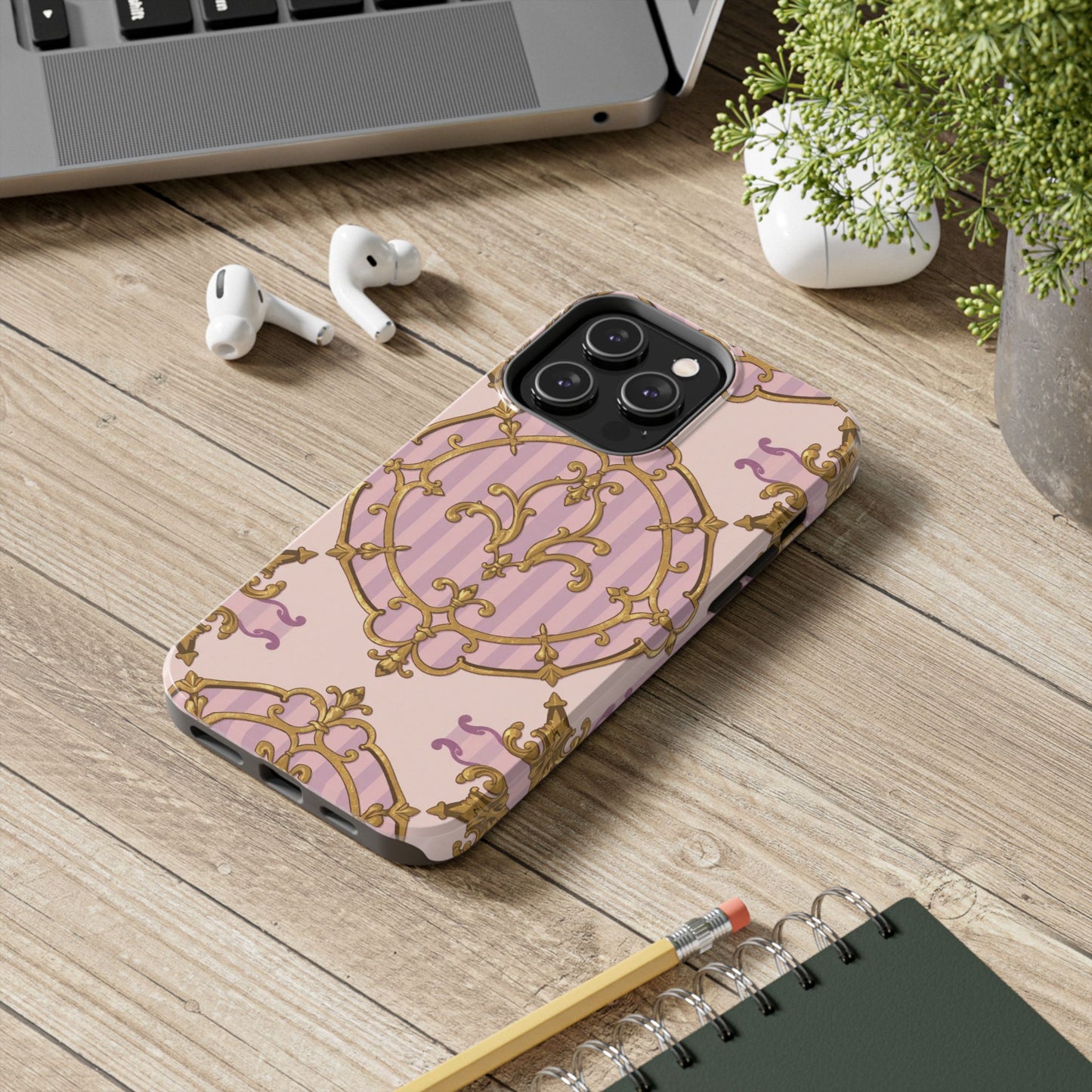 Elegant Vintage Phone Case, Tough Phone Case, Lavender & Alabaster Striped Gold Baroque Phone Cover, Stylish Phone Protector, Gift for Her