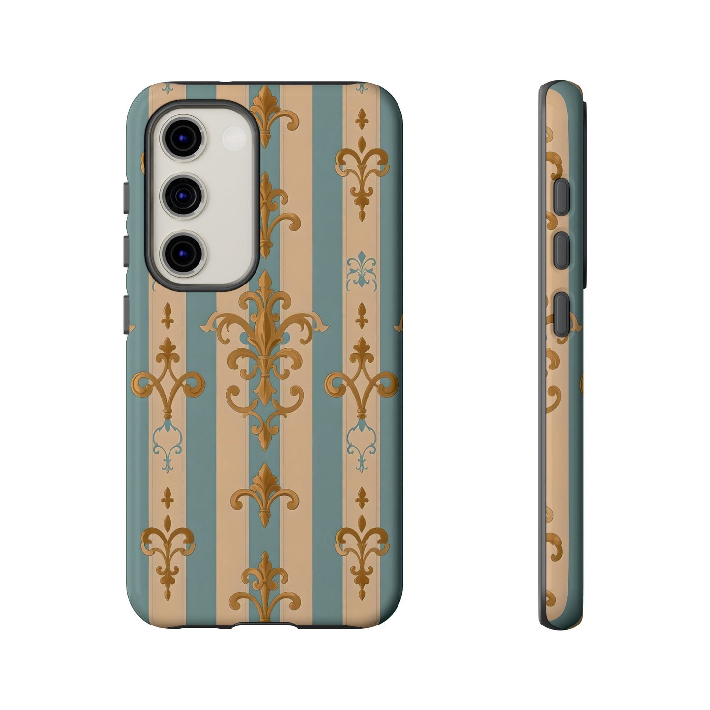 Elegant Floral Motif Phone Case - Tough Cases with Vintage Design -  Beige & Sky Blue Striped Gold Damask