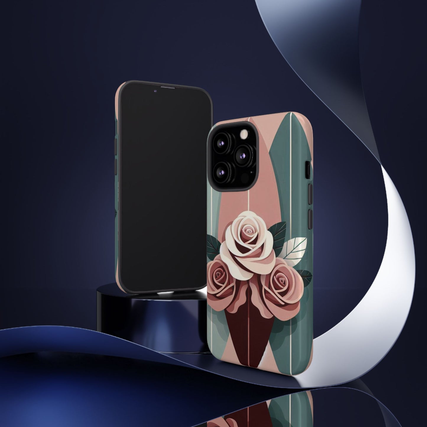 Phone Case - Burgundy, Matte Mauve & Teal Surfboard & Roses Design
