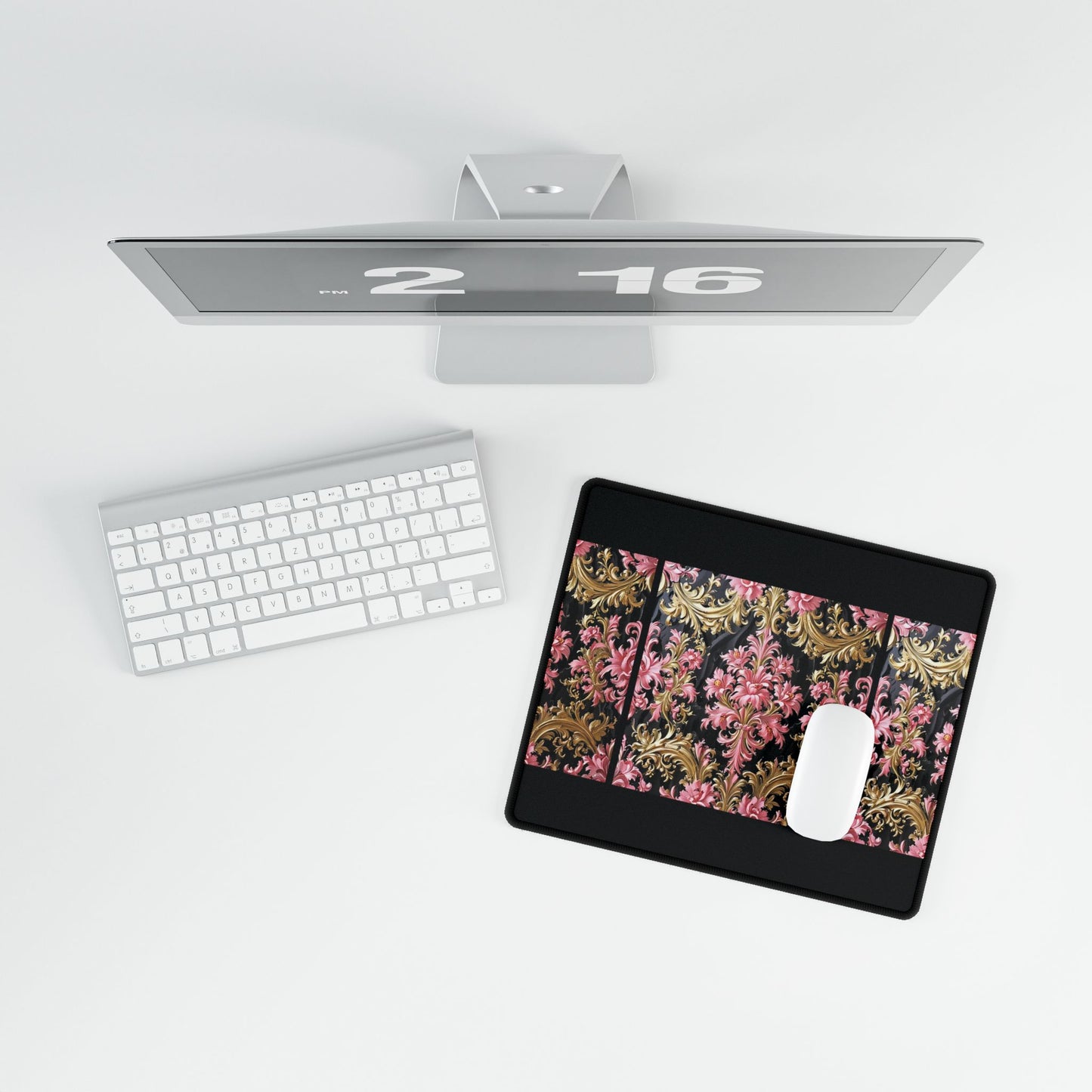 Elegant Floral Desk Mat, Office Decor, Home Office Accessories, Gift for Her, Desk Organizer - Black & Pink Oil Painting Style Rococo