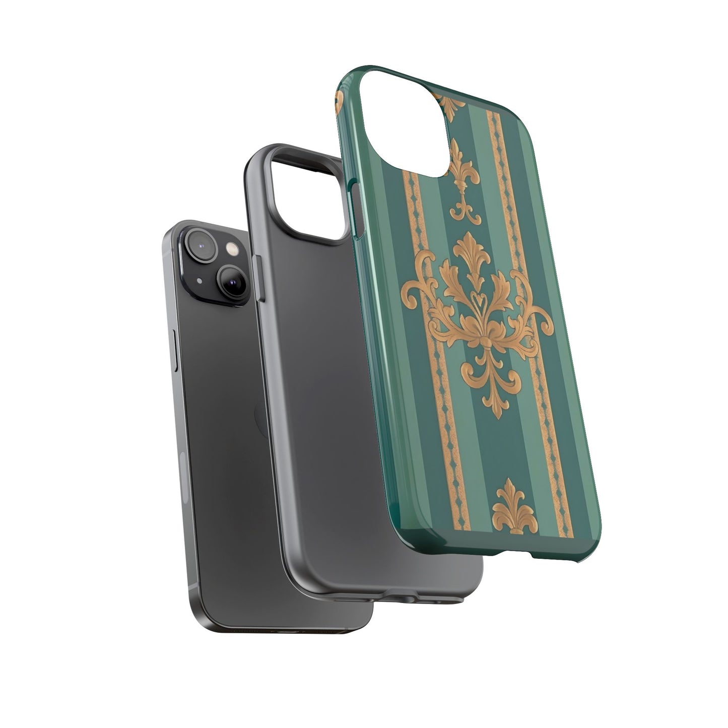Elegant Floral Motif Phone Case - Tough Cases with Vintage Design - Teal Striped Gold Damask