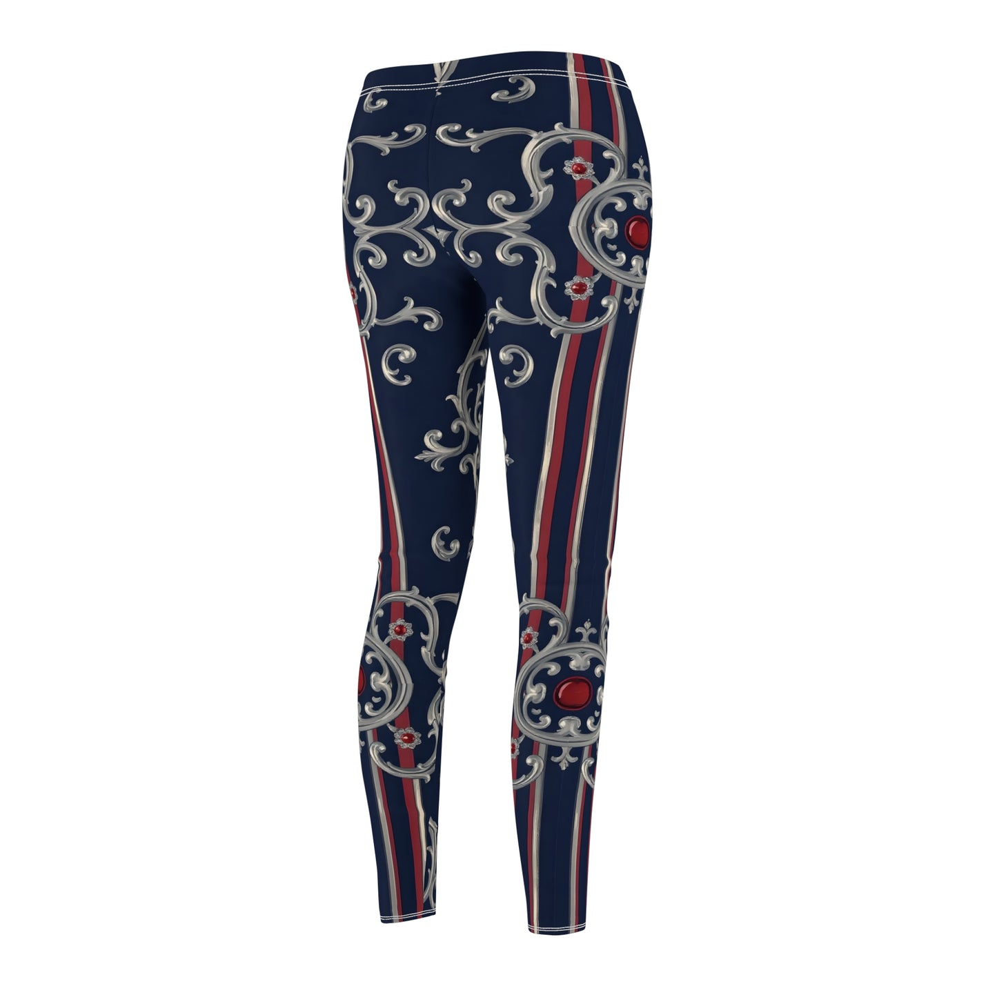 Stylish Women's AOP Leggings, Comfortable Casual Wear, Perfect for Yoga, Home, and Active Lifestyle - Blue & Red Striped Silver Baroque