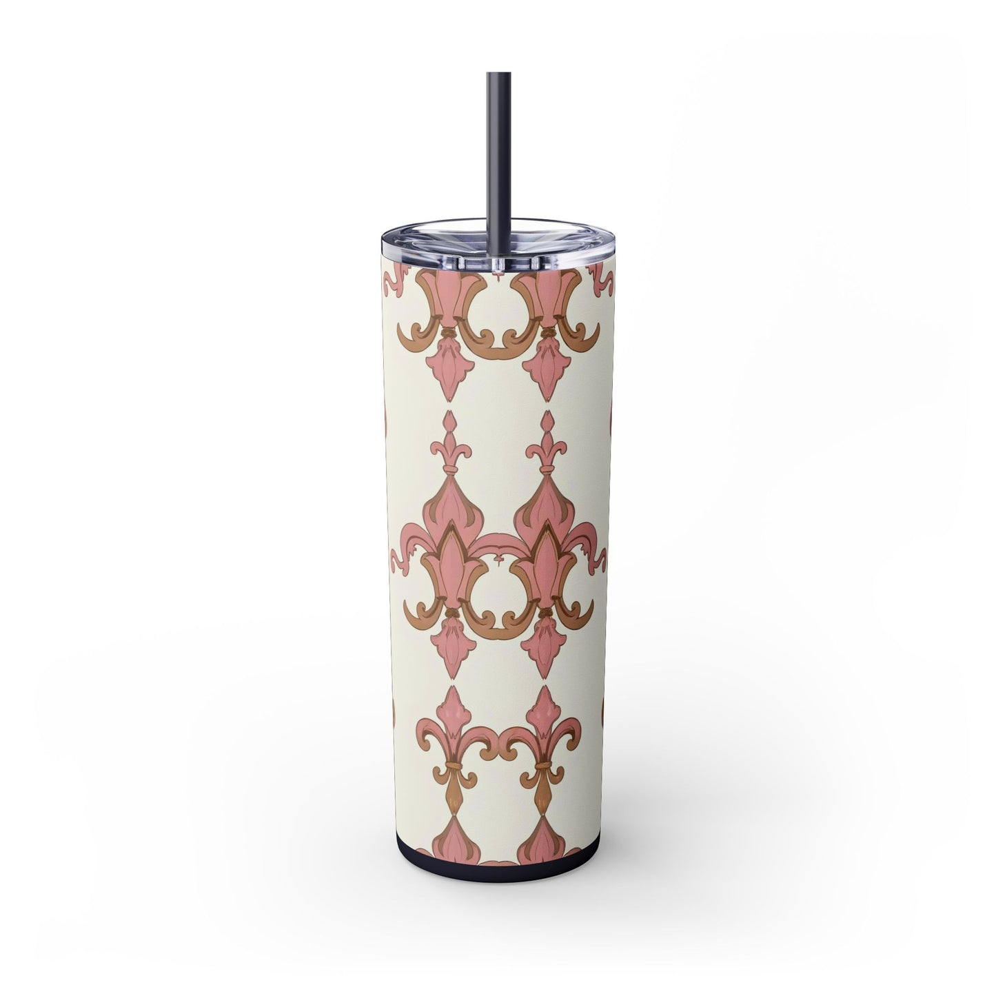 Elegant Floral Skinny Tumbler, 20oz Drinkware, Stylish Travel Mug, Wedding Gift, Personalized Gift, Eco-Friendly Cup - Brown Striped Pink Arabesque