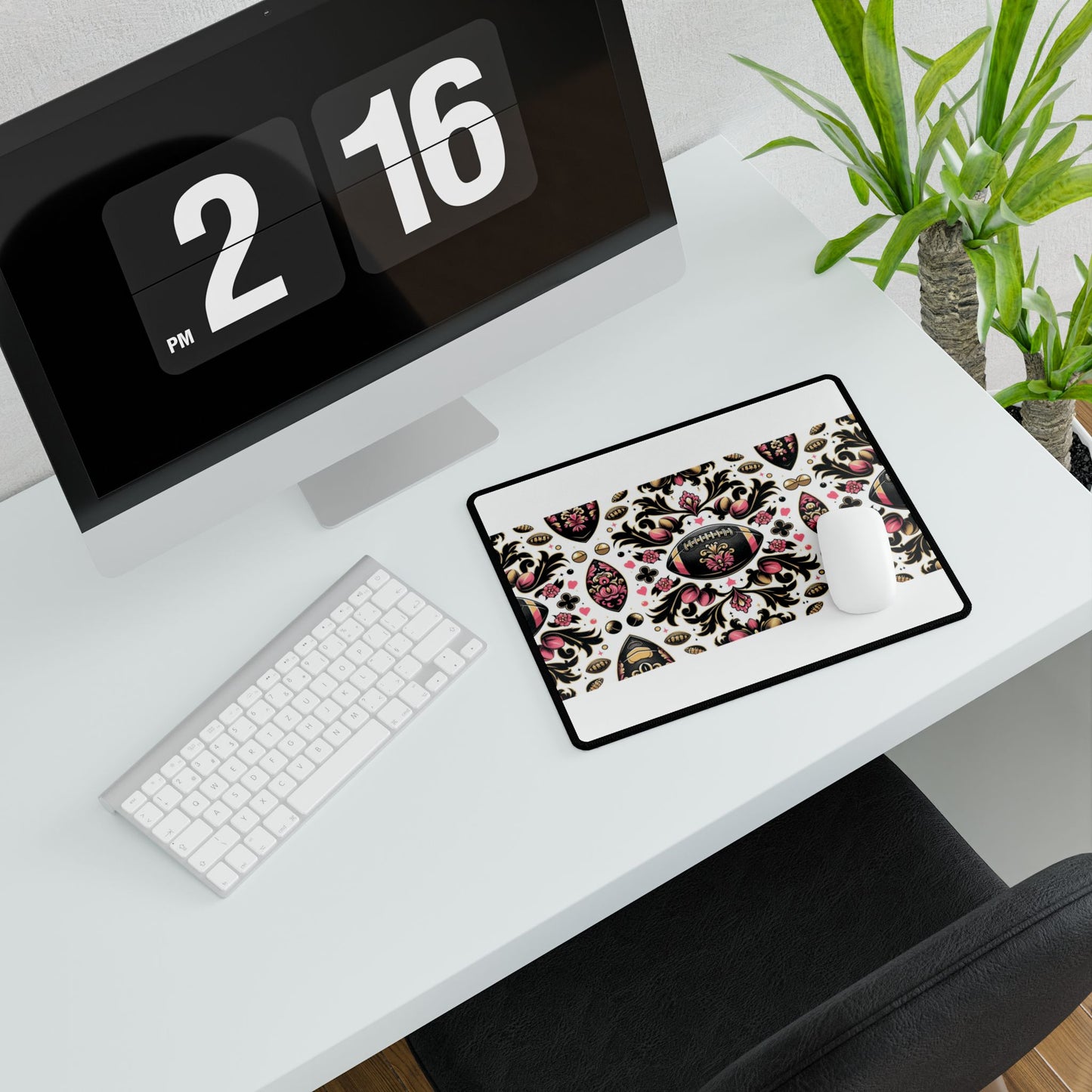 Desk Mat - Elegant Floral Motif for Home Office Decor - Pink, White, Gold & Black Damask Footballs