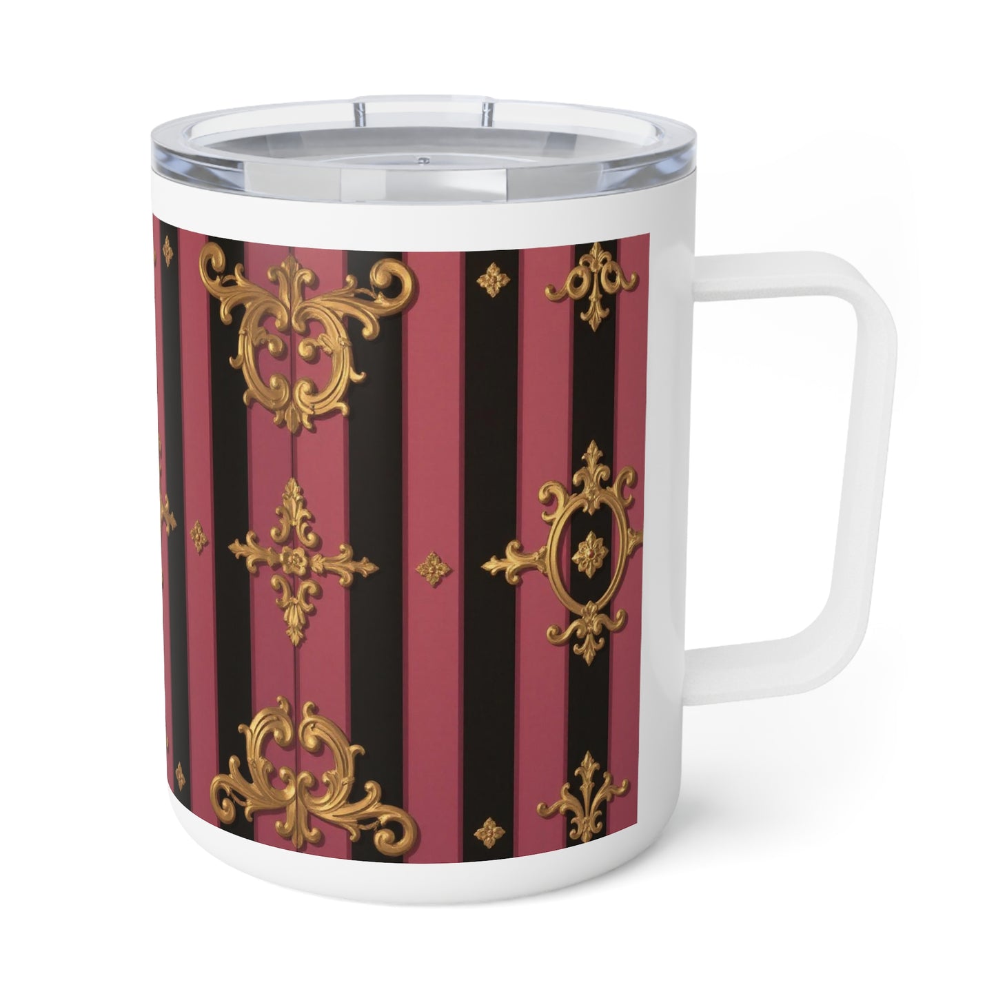 Elegant Black & Mauve Striped Gold Baroque Insulated Coffee Mug - Vintage Gold and Stripes Design | Gift for Coffee Lovers, Travel Mug, Tea Lovers
