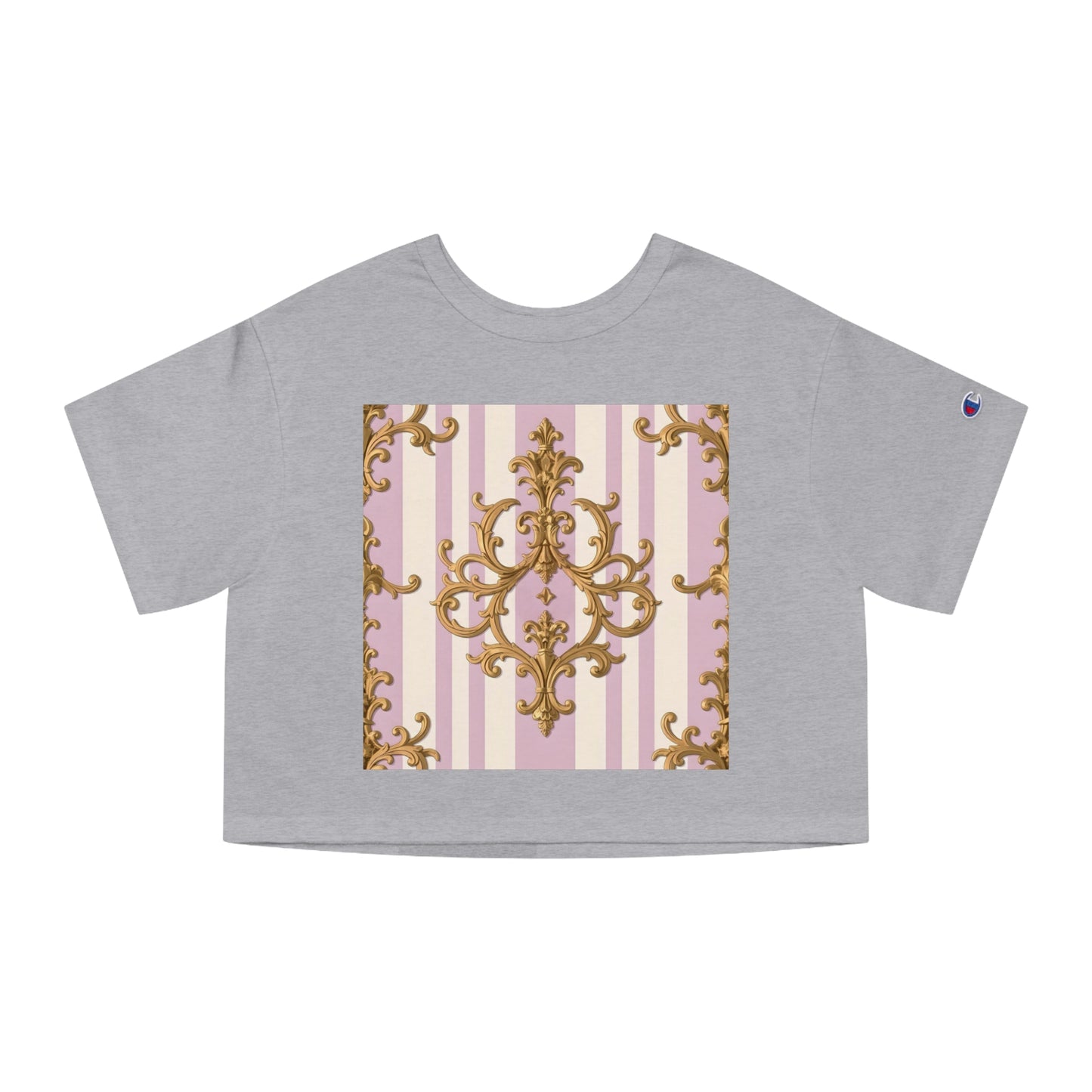 Chic Heritage Cropped T-Shirt | Stylish Graphic Tee, Vintage-Inspired, Casual Top, Summer Fashion, Gift for Her - Lilac & Alabaster Striped Gold Baroque