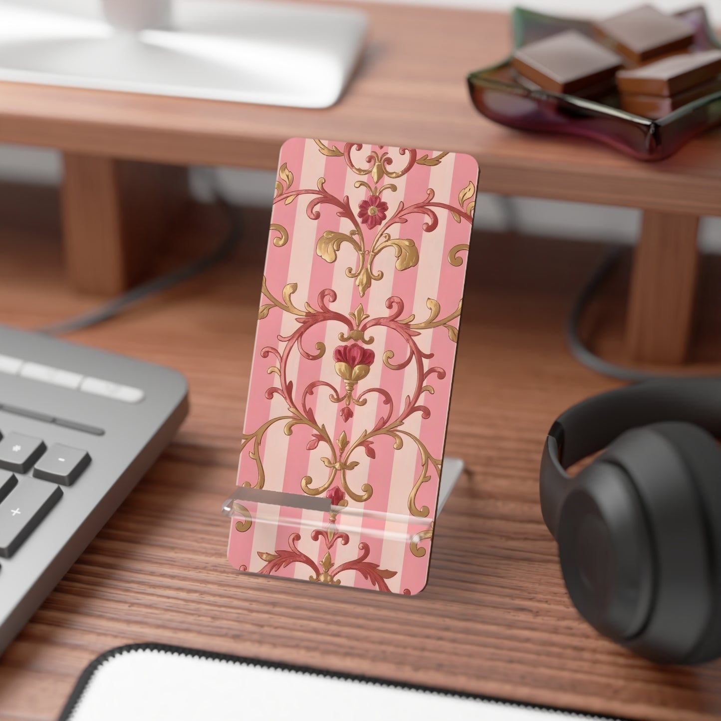 Elegant Floral Motif Smartphone Display Stand - Pink Striped Rose Gold Damask - Decorative Mobile Holder