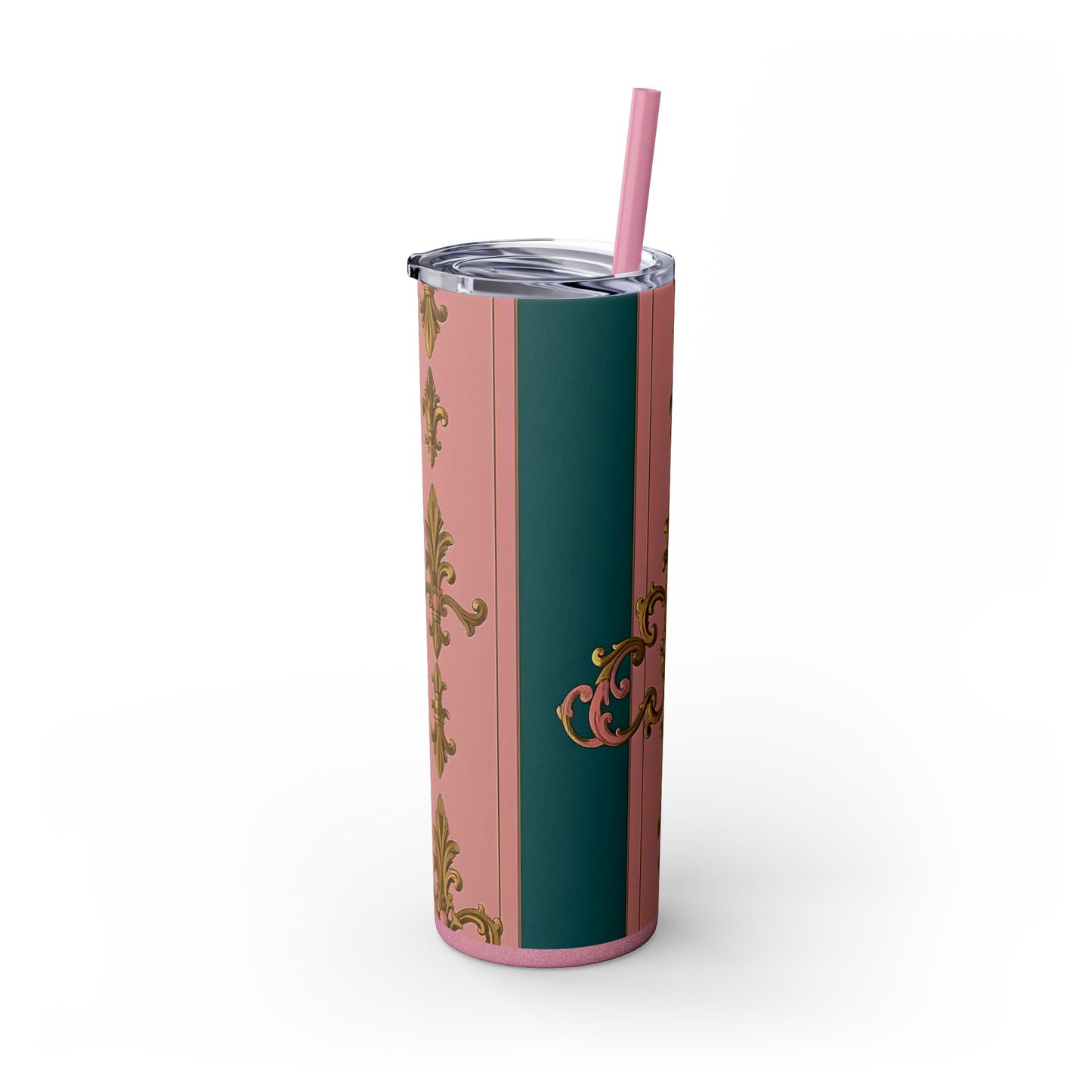 Elegant Pink and Green Skinny Tumbler with Straw, 20oz - Ideal for Gifts, Travel, Home, Events - Pink & Teal Striped Gold Baroque
