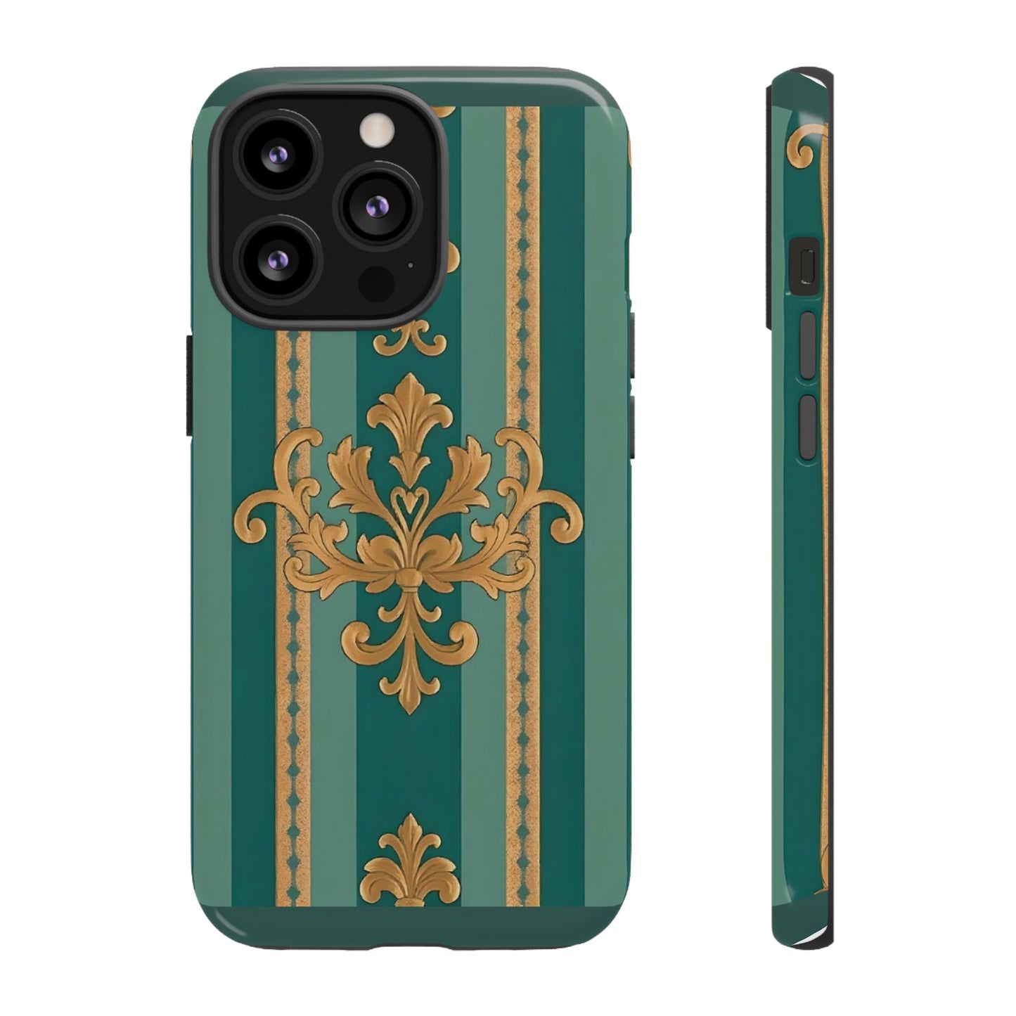 Elegant Floral Motif Phone Case - Tough Cases with Vintage Design - Teal Striped Gold Damask