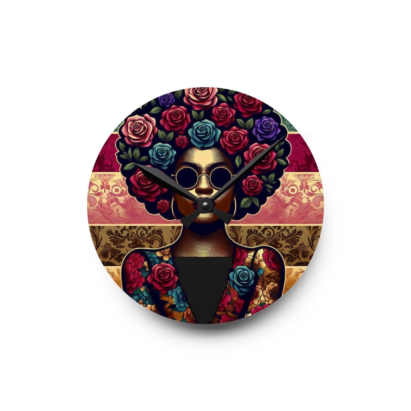Bohemian Afro-Inspired Acrylic Wall Clock with Floral Design - Lady In Damask & Roses Design