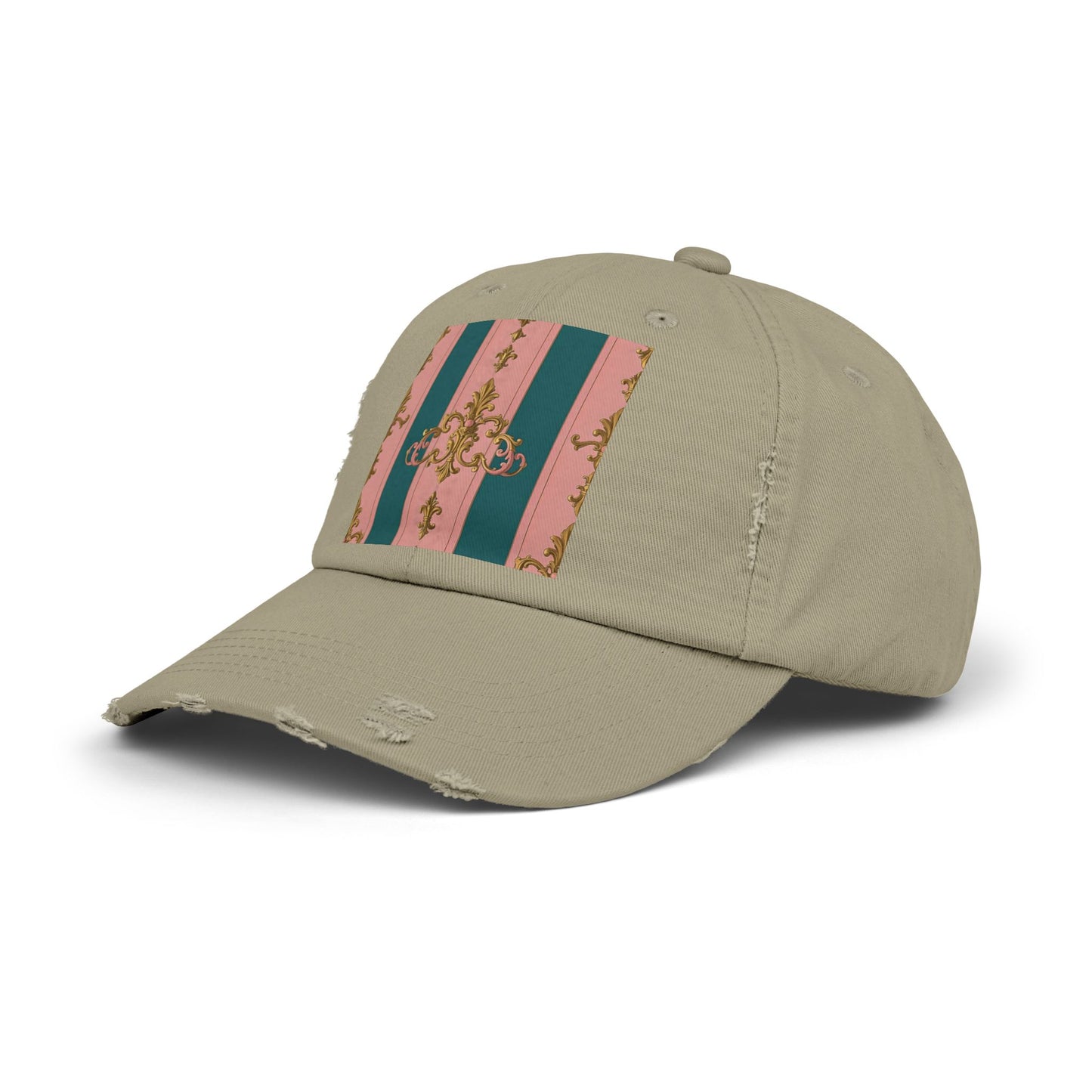 Chic Vintage Distressed Cap, Trendy Unisex Baseball Hat, Fashionable Everyday Wear - Pink & Teal Striped Gold Baroque